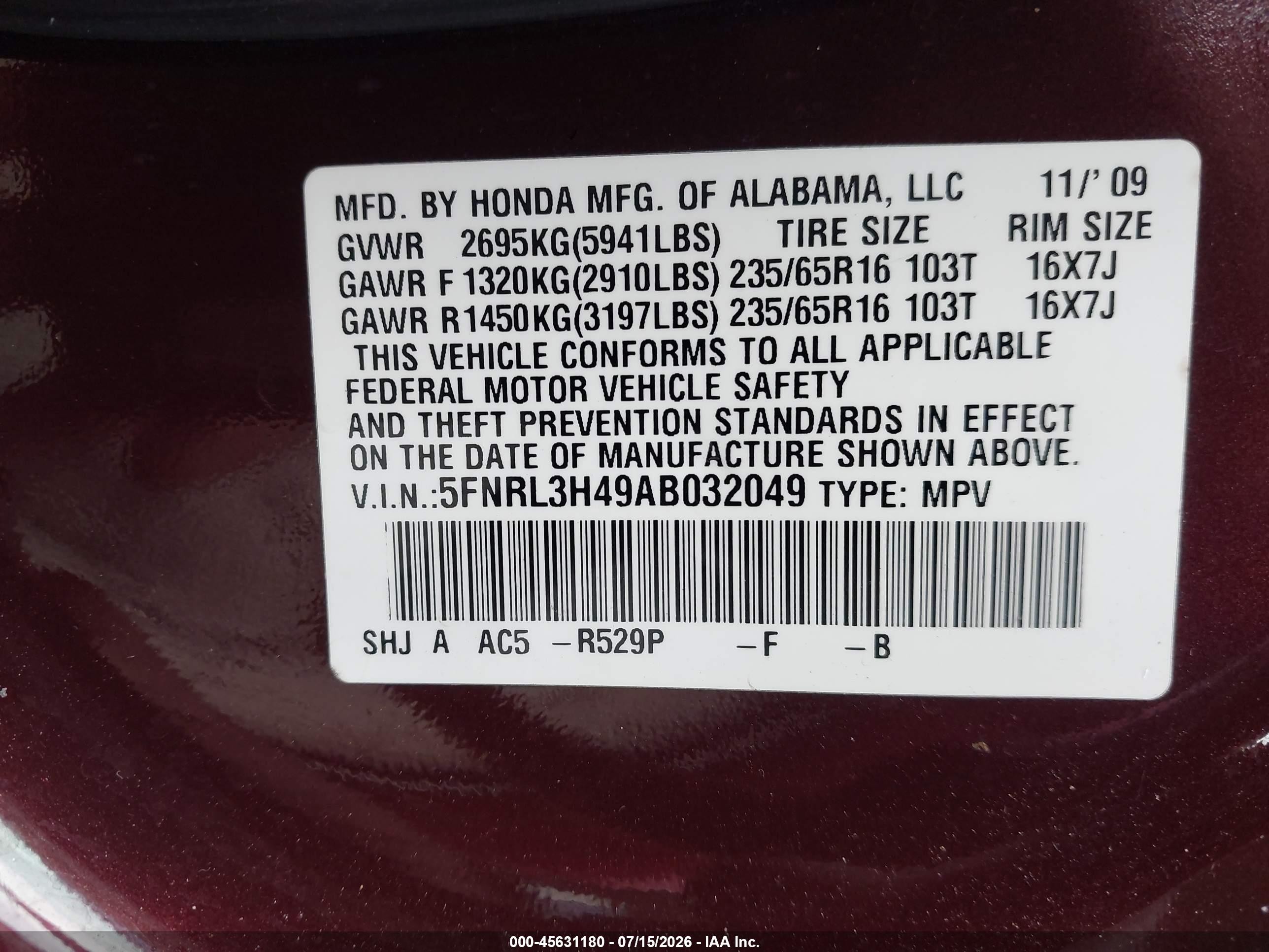 2010 Honda Odyssey Ex Maroon vin: 5FNRL3H49AB032049