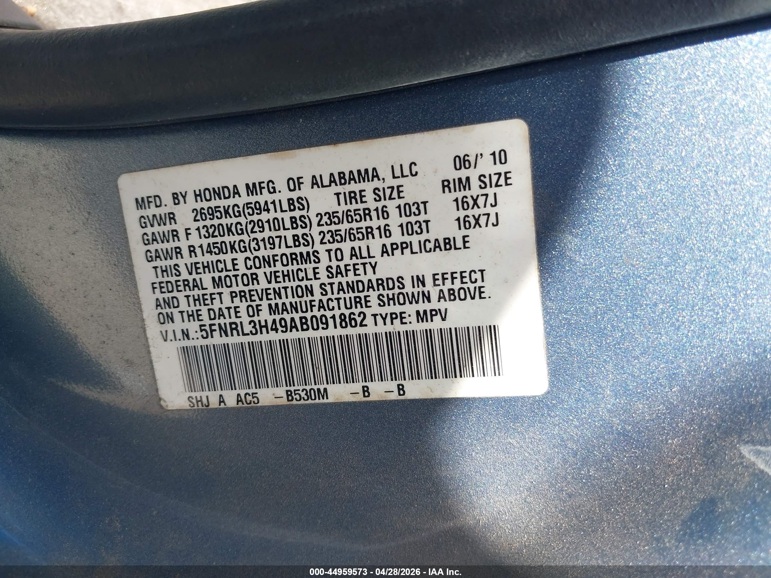2010 Honda Odyssey Ex Blue vin: 5FNRL3H49AB091862