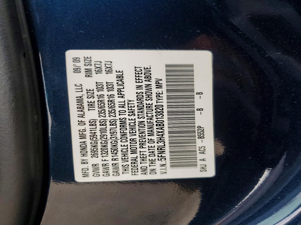 2010 Honda Odyssey Ex Blue vin: 5FNRL3H4XAB013820