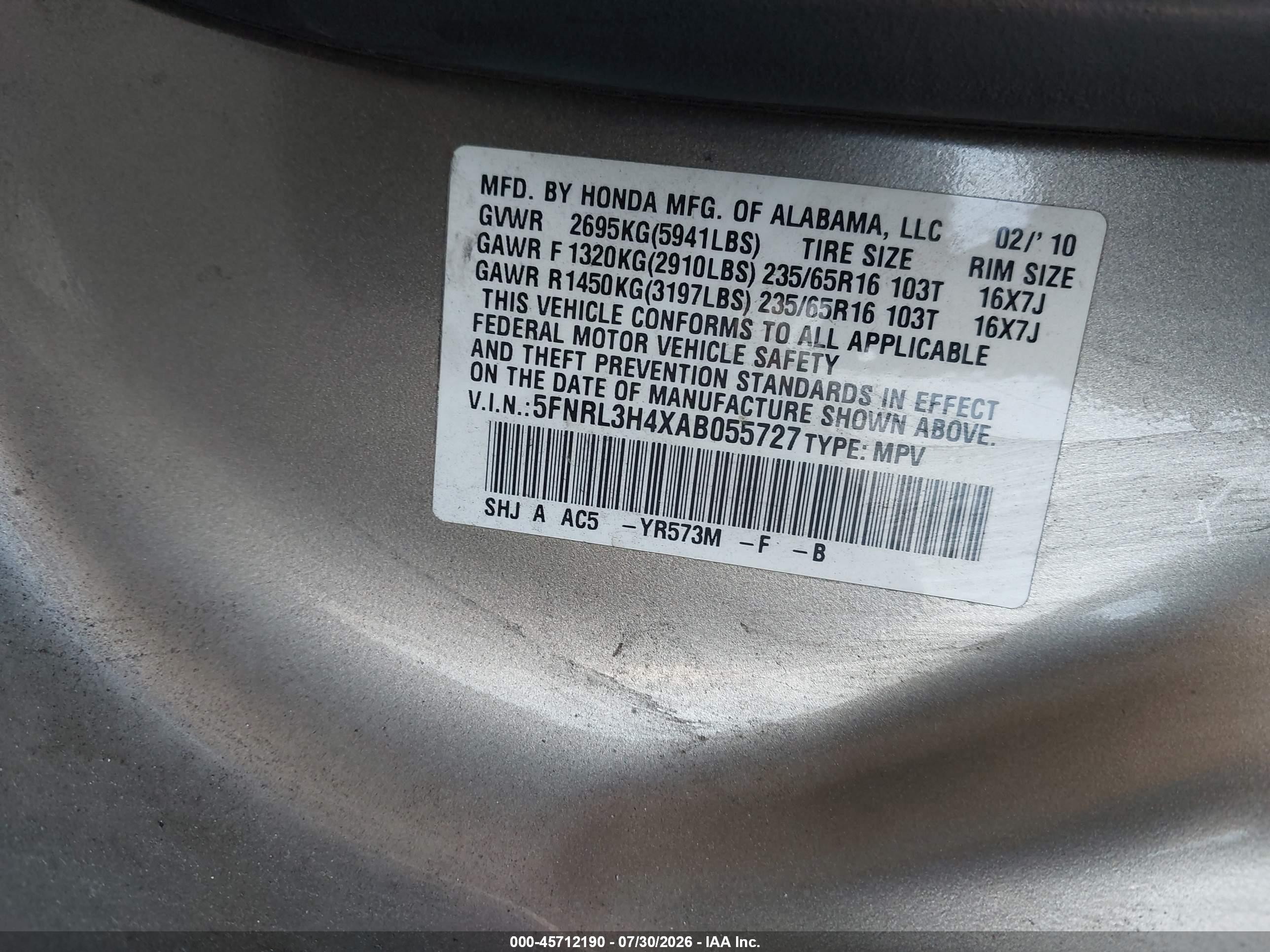 2010 Honda Odyssey Ex Beige vin: 5FNRL3H4XAB055727