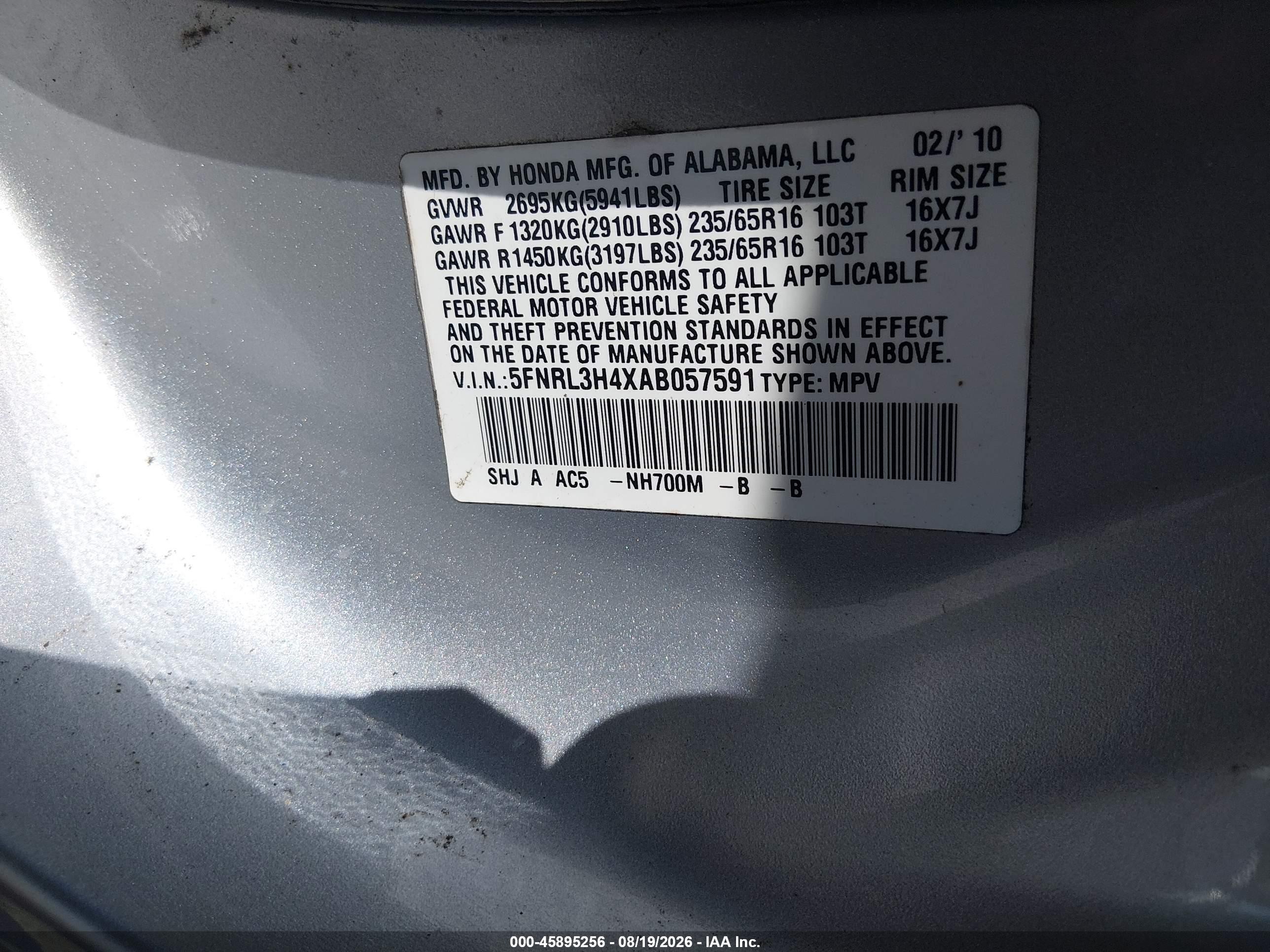 2010 Honda Odyssey Ex Silver vin: 5FNRL3H4XAB057591