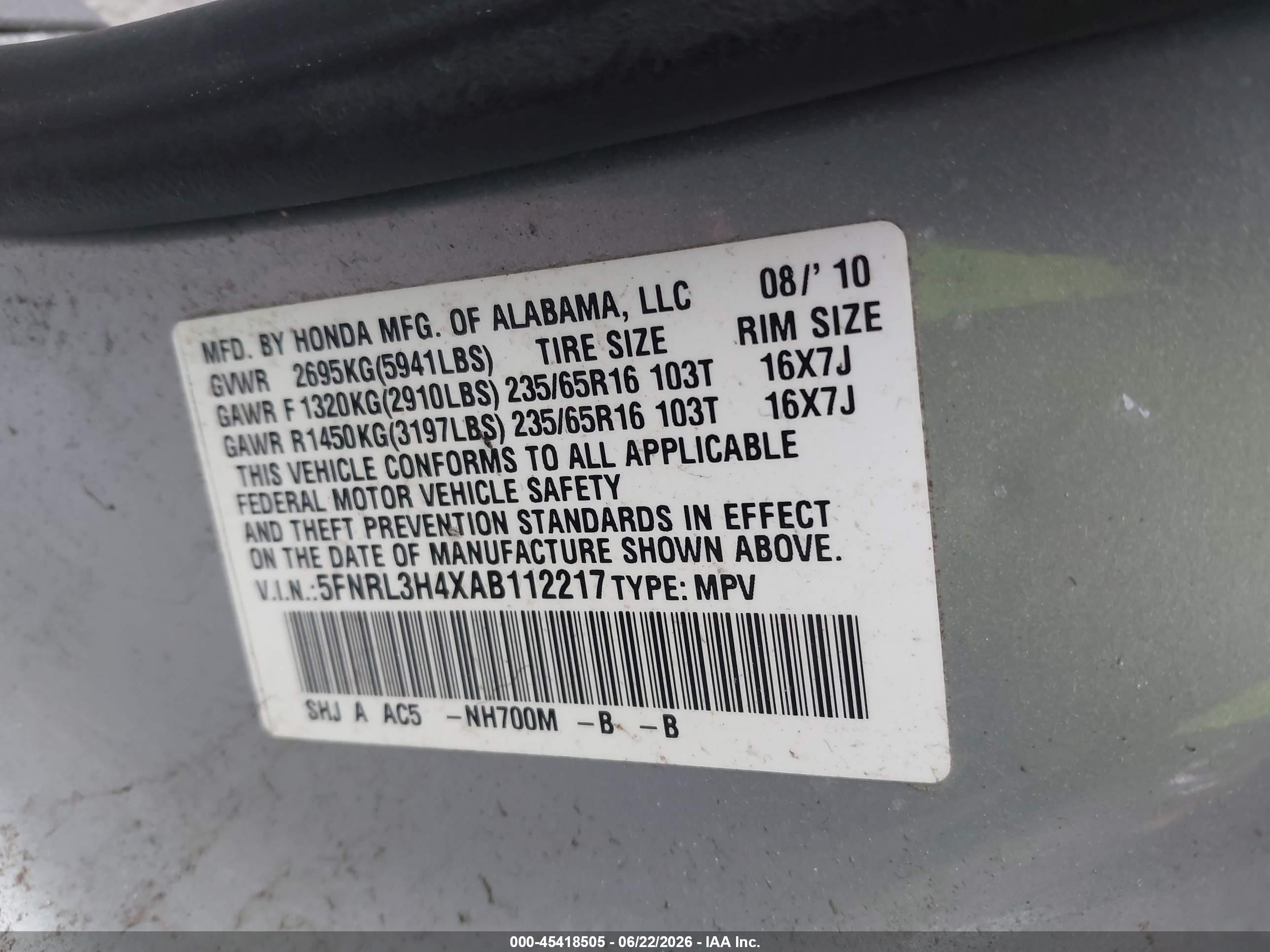 2010 Honda Odyssey Ex Gray vin: 5FNRL3H4XAB112217