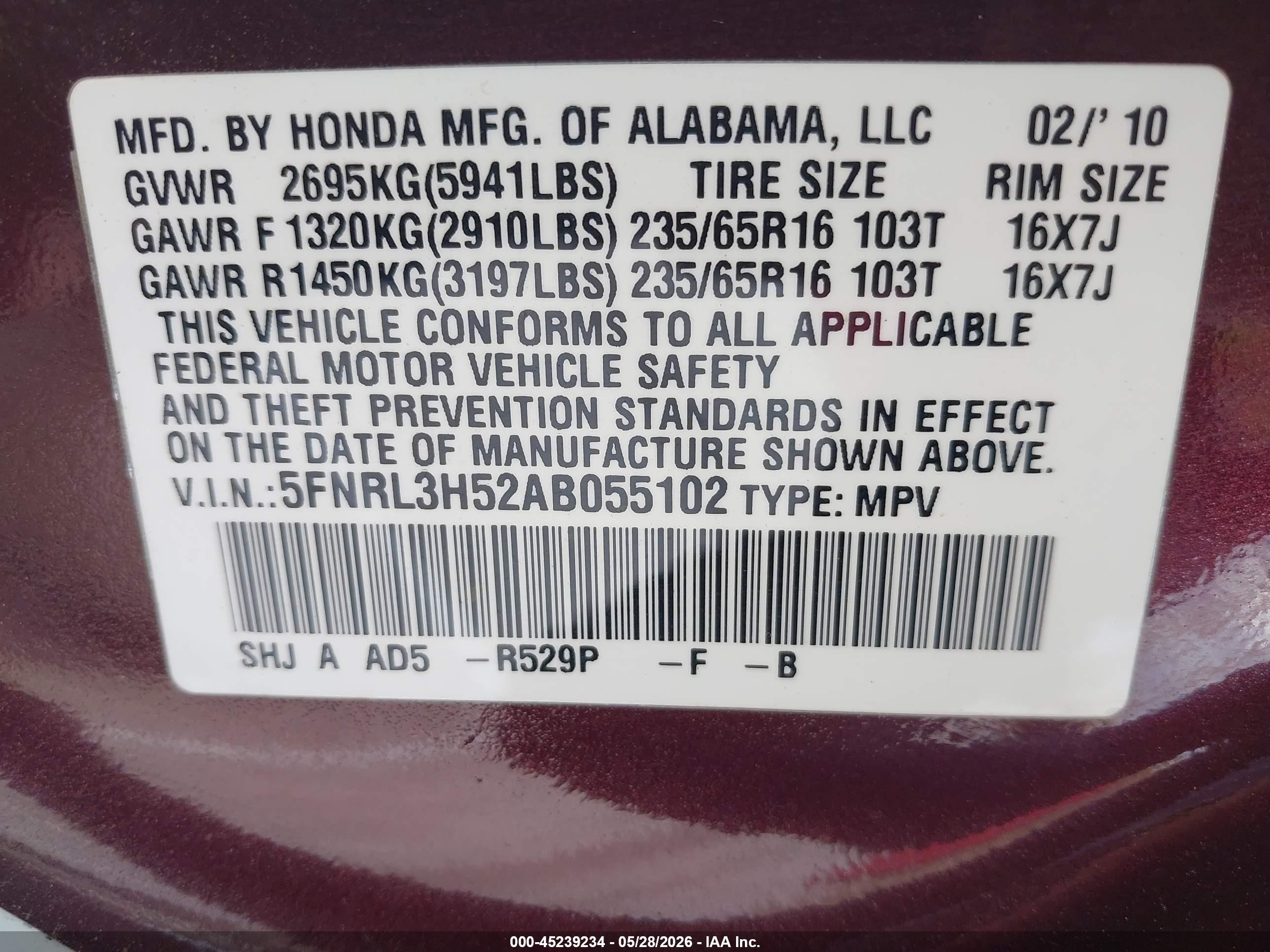 2010 Honda Odyssey Ex Burgundy vin: 5FNRL3H52AB055102