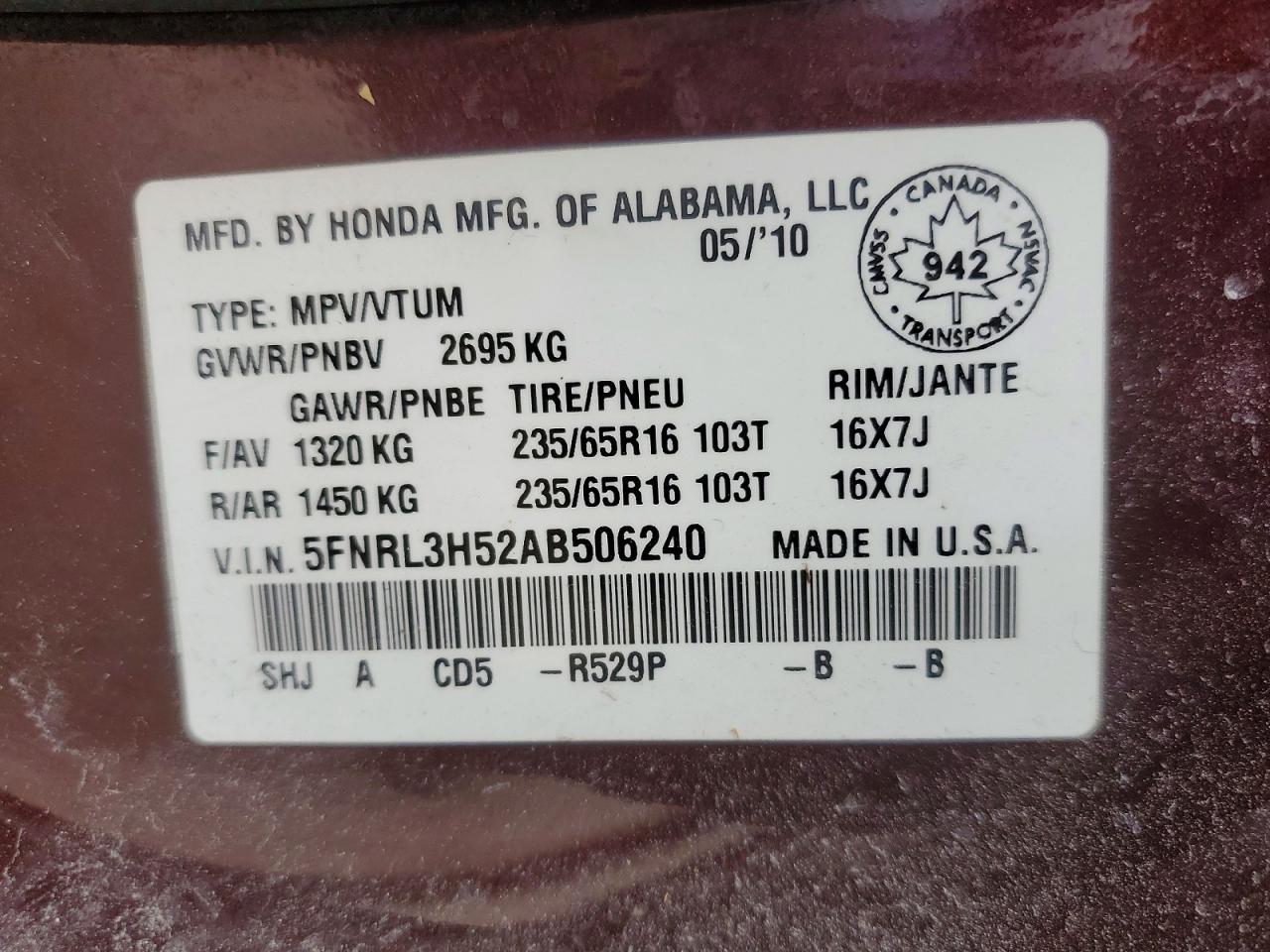 2010 Honda Odyssey Ex Burgundy vin: 5FNRL3H52AB506240