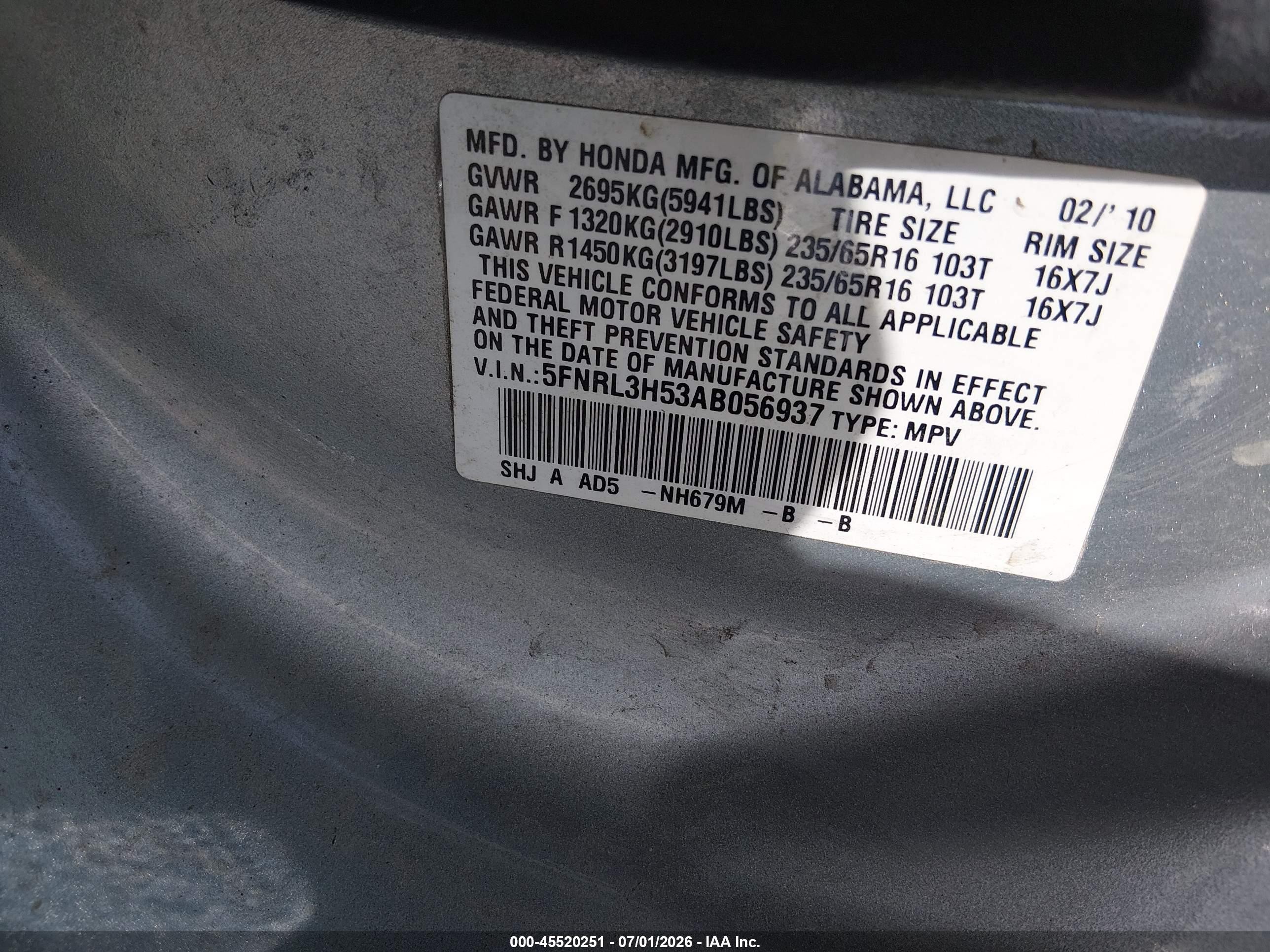 2010 Honda Odyssey Ex Blue vin: 5FNRL3H53AB056937