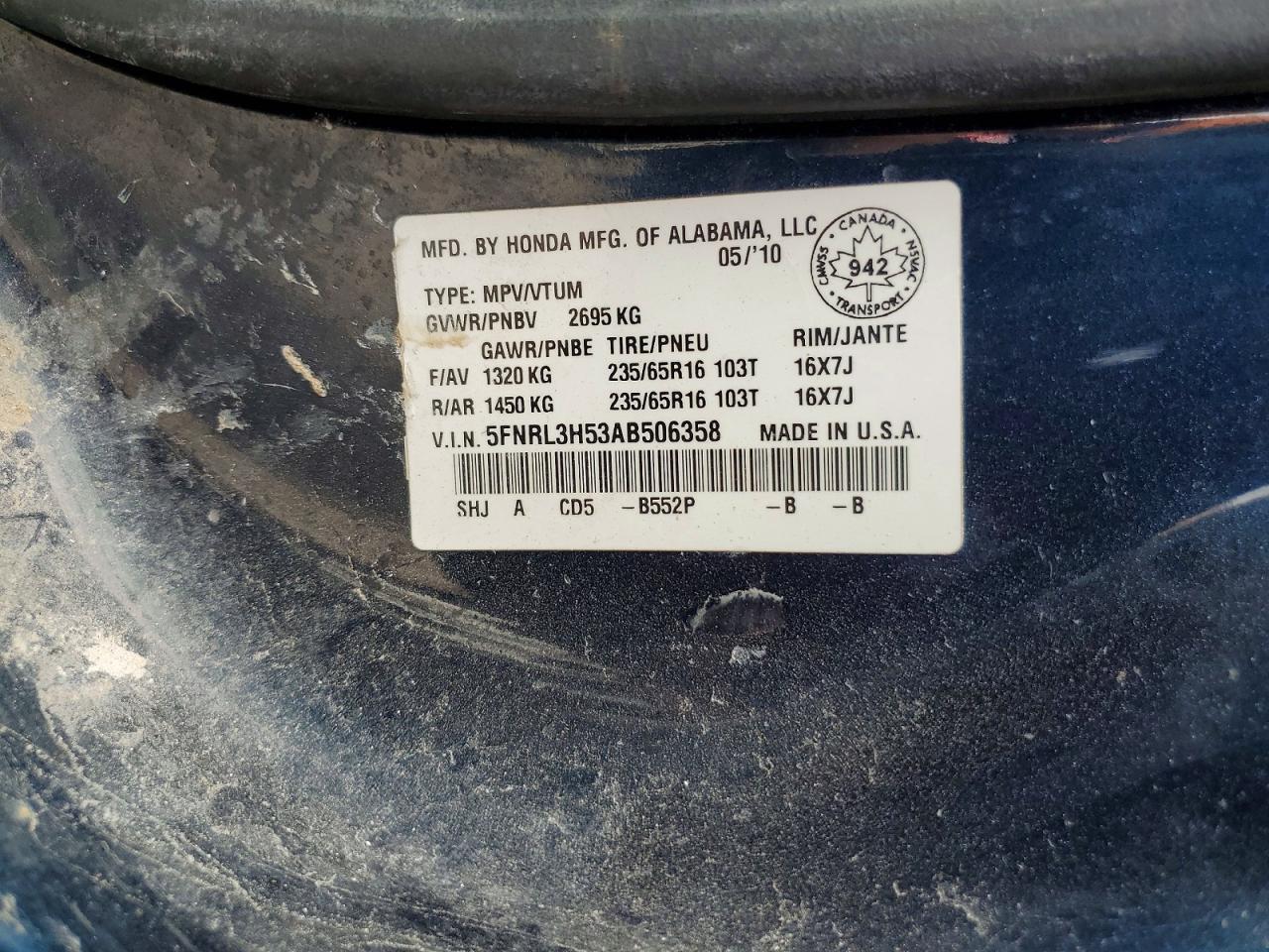 2010 Honda Odyssey Ex Blue vin: 5FNRL3H53AB506358