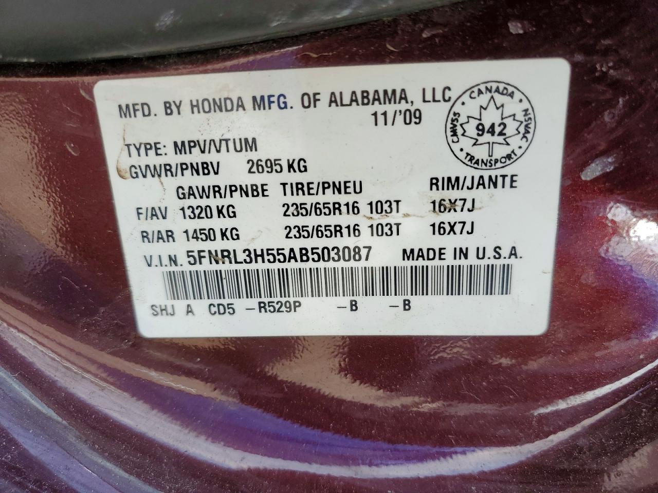 2010 Honda Odyssey Ex Maroon vin: 5FNRL3H55AB503087
