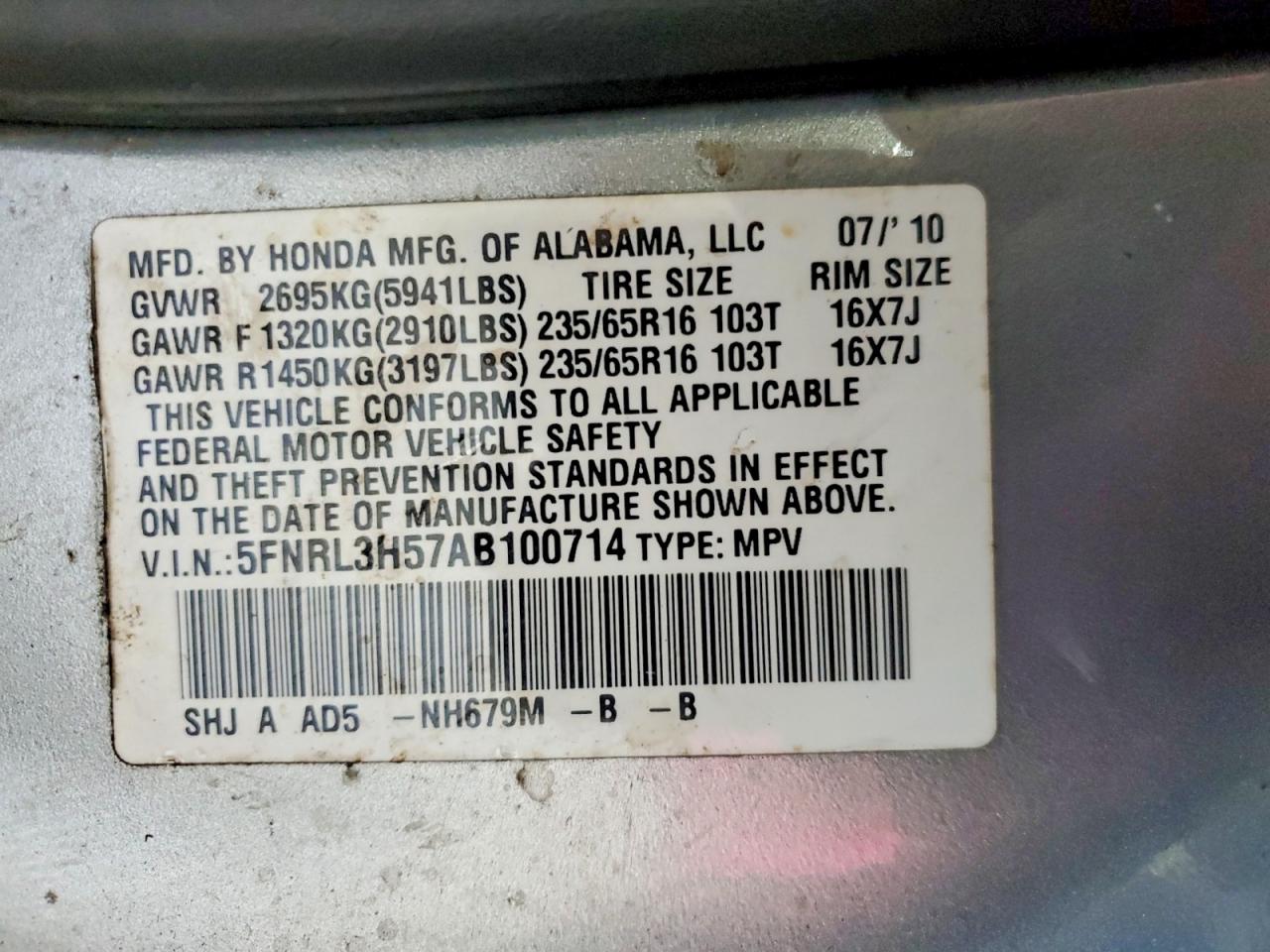 2010 Honda Odyssey Ex Silver vin: 5FNRL3H57AB100714