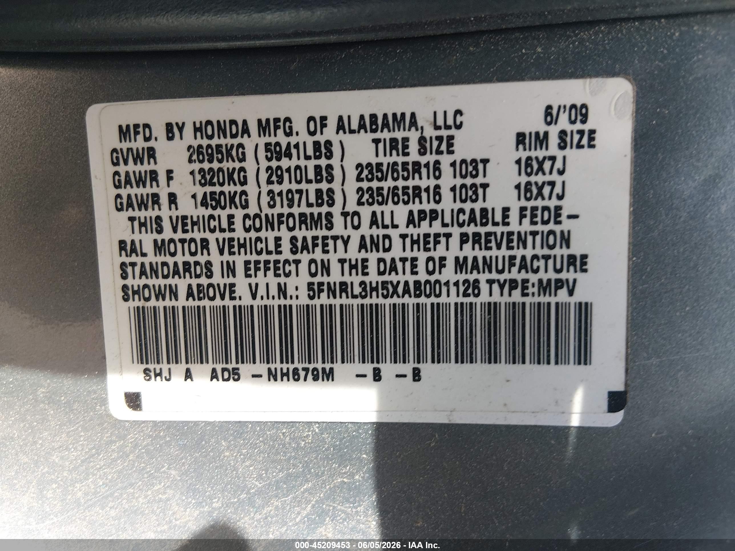 2010 Honda Odyssey Ex Teal vin: 5FNRL3H5XAB001126