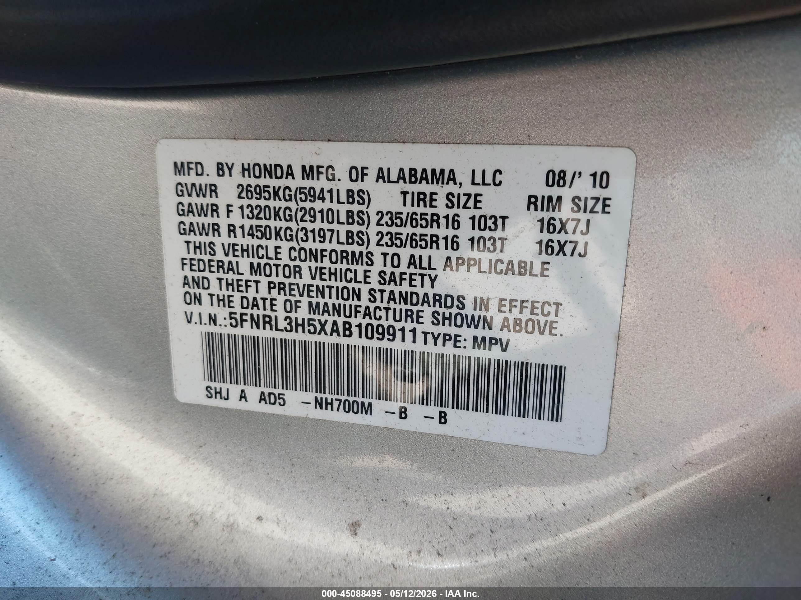 2010 Honda Odyssey Ex Silver vin: 5FNRL3H5XAB109911