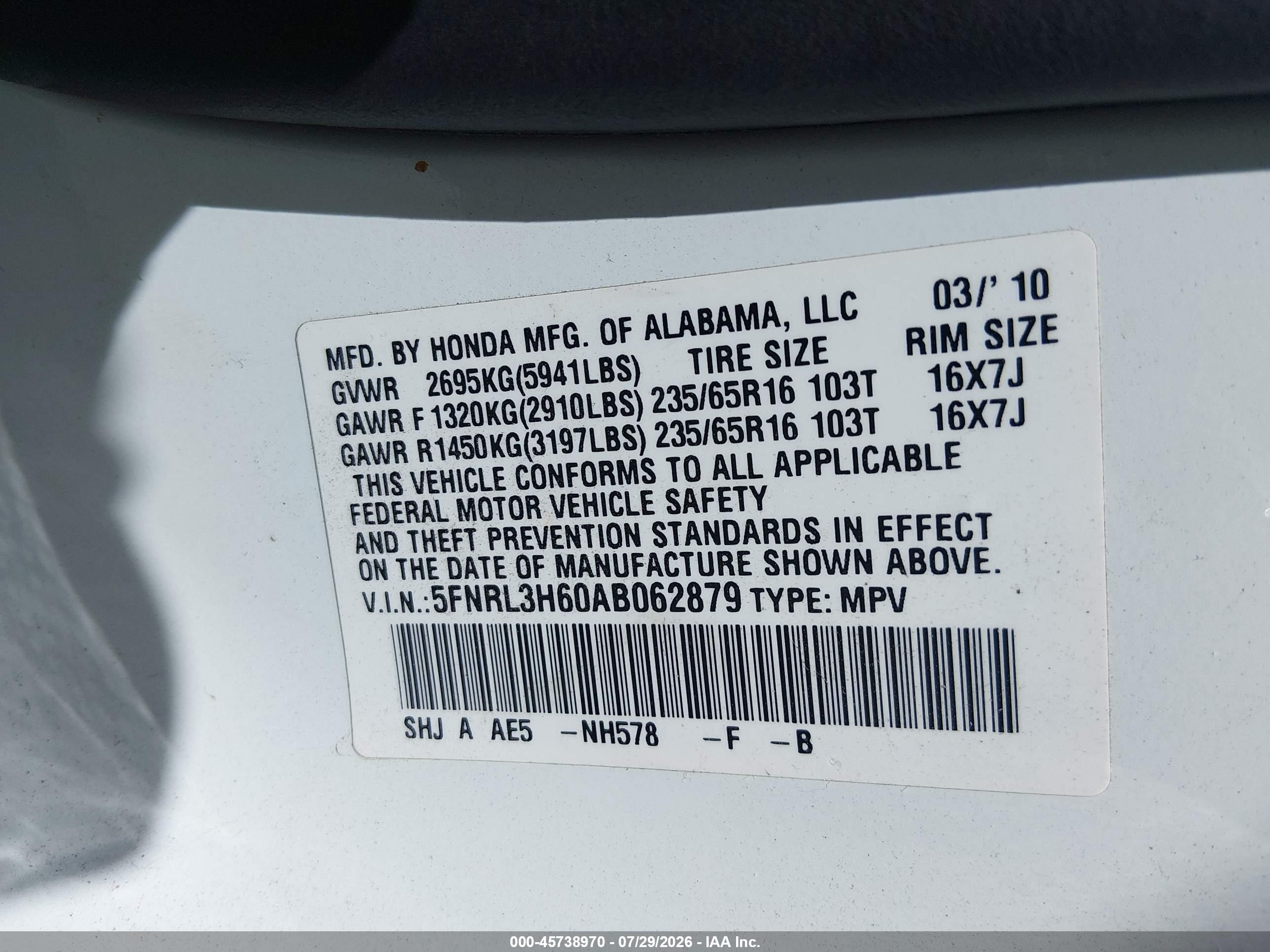 2010 Honda Odyssey Ex-l Белый vin: 5FNRL3H60AB062879