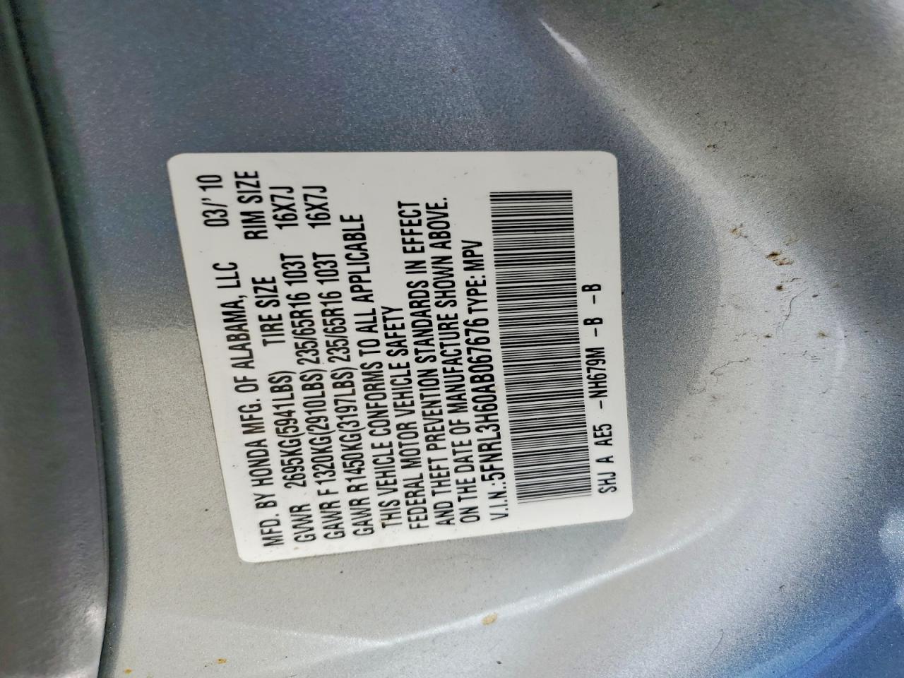 2010 Honda Odyssey Exl Gray vin: 5FNRL3H60AB067676