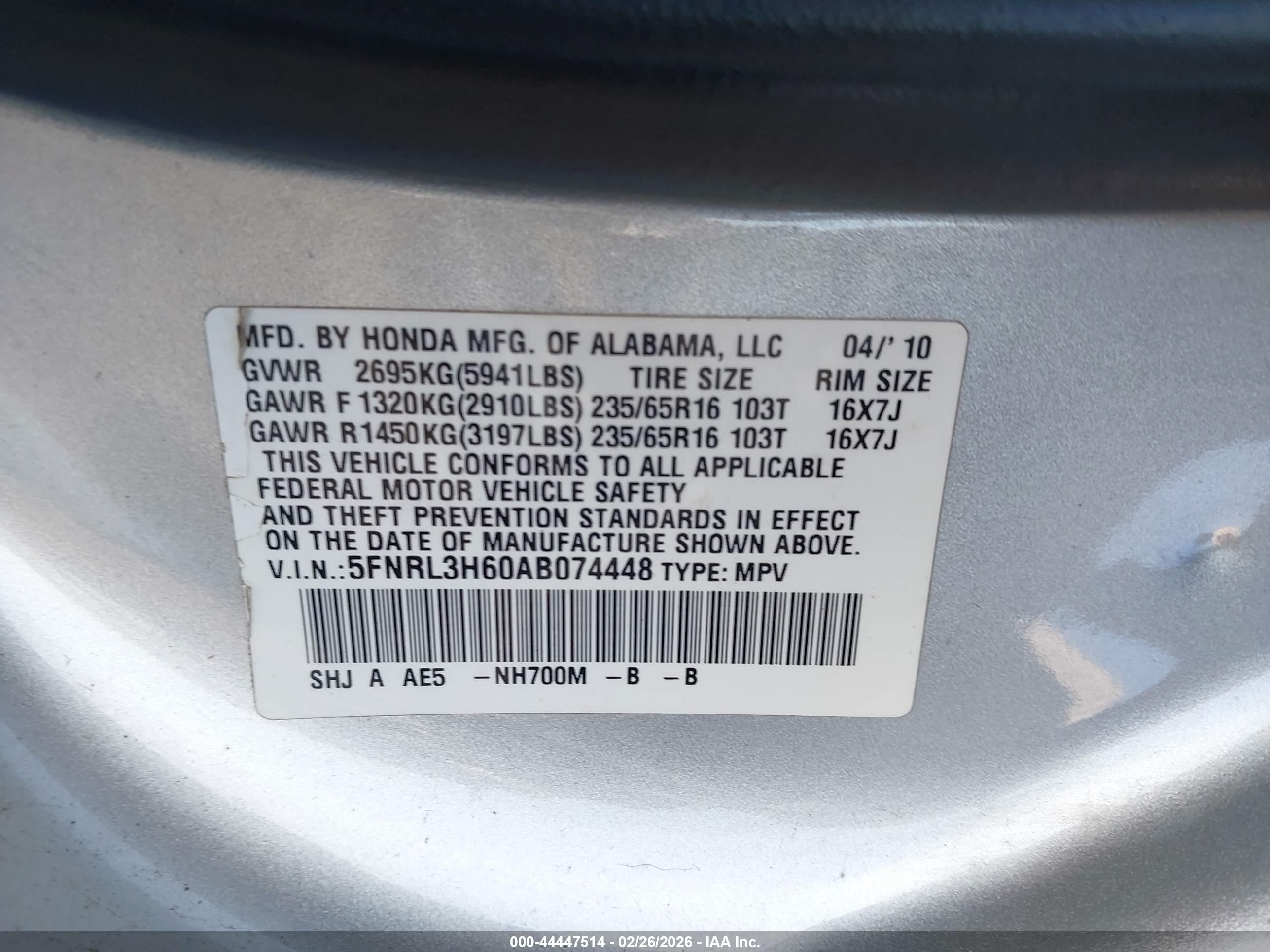 2010 Honda Odyssey Ex-l Silver vin: 5FNRL3H60AB074448
