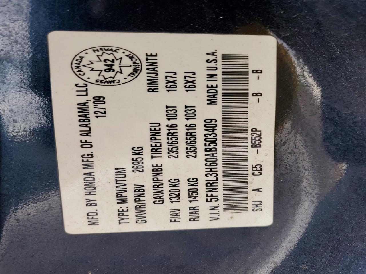 2010 Honda Odyssey Exl Blue vin: 5FNRL3H60AB503409