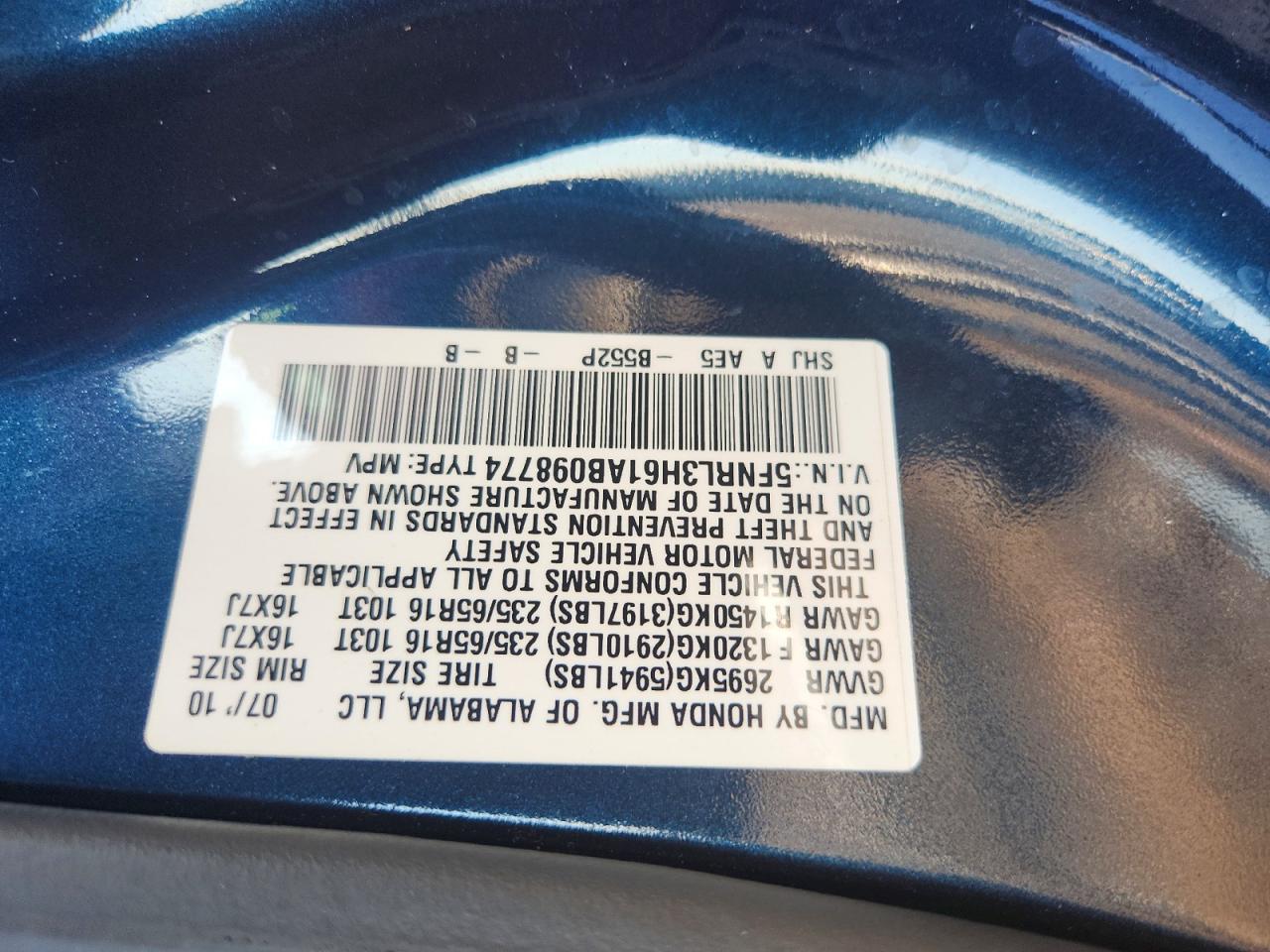 2010 Honda Odyssey Exl Blue vin: 5FNRL3H61AB098774
