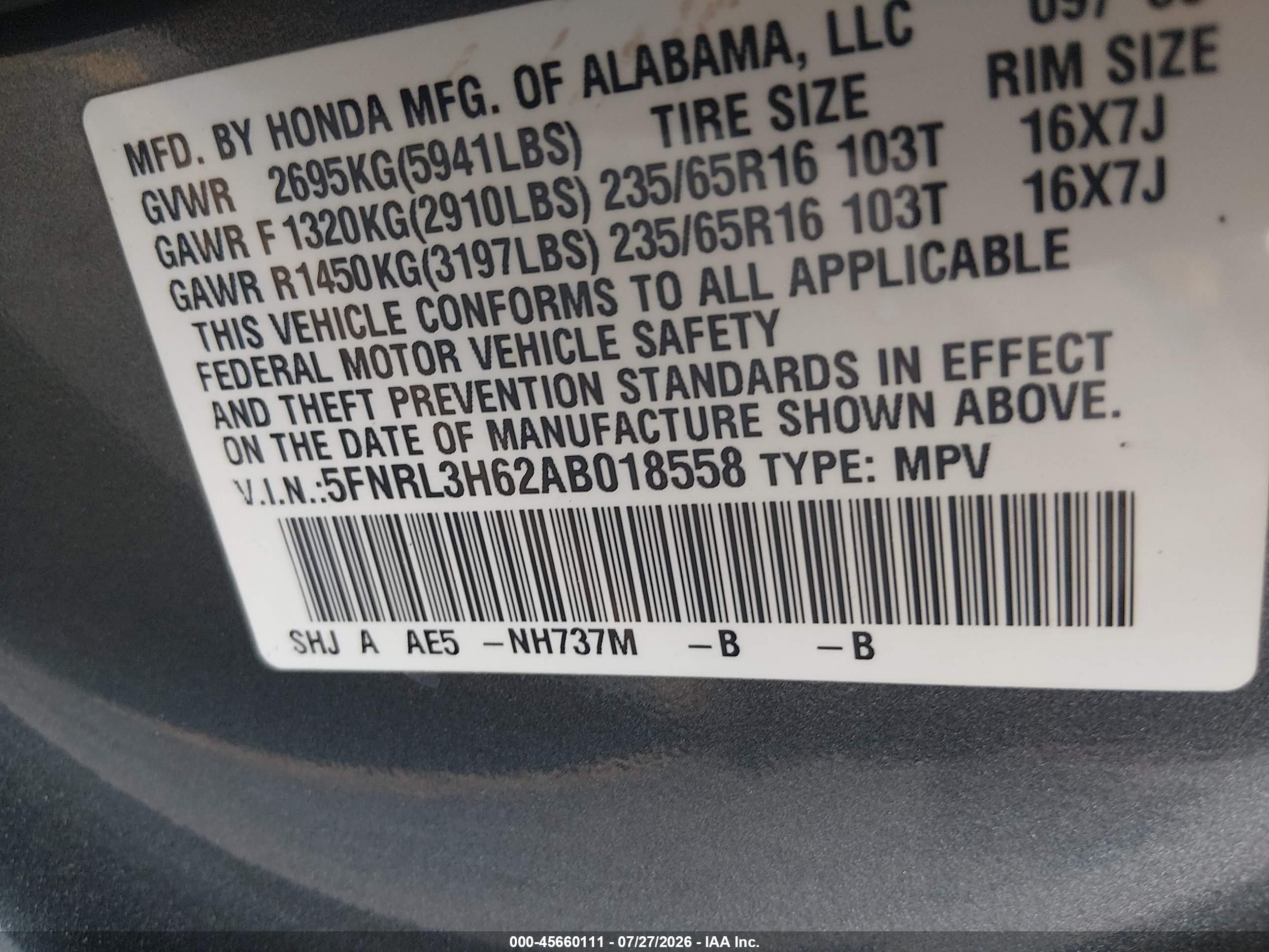 2010 Honda Odyssey Ex-l Gray vin: 5FNRL3H62AB018558