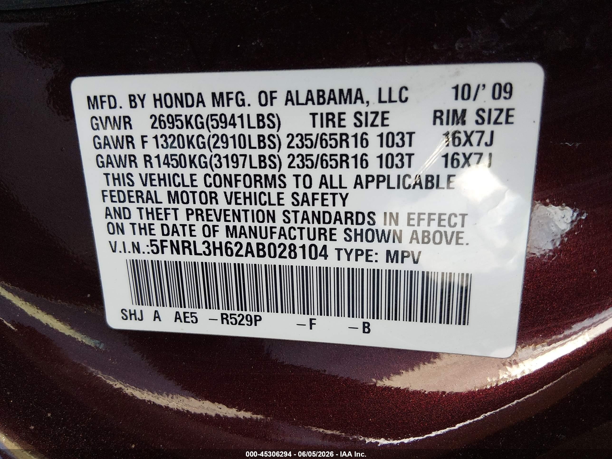 2010 Honda Odyssey Ex-l Maroon vin: 5FNRL3H62AB028104