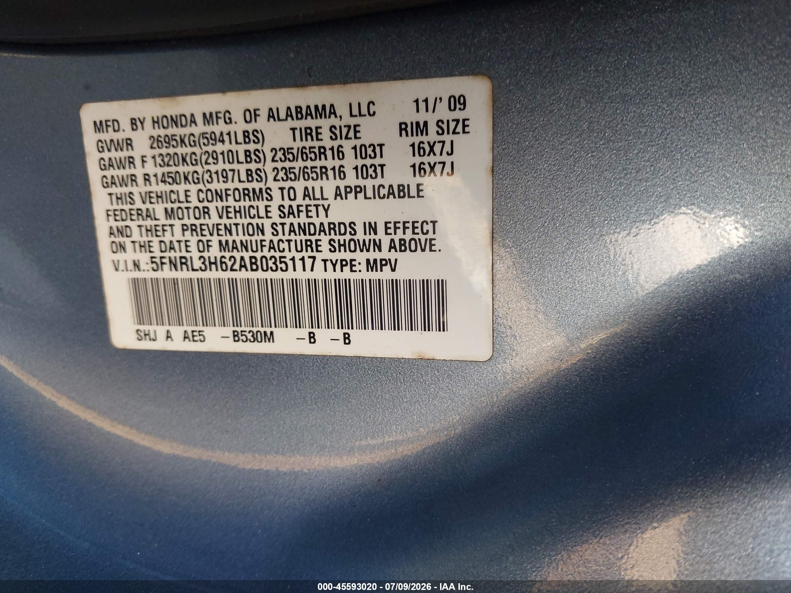 2010 Honda Odyssey Ex-l Light Blue vin: 5FNRL3H62AB035117
