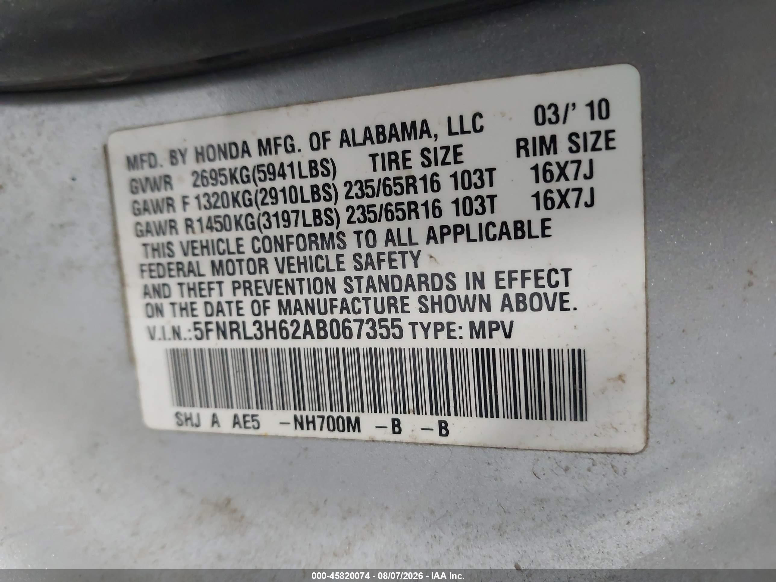 2010 Honda Odyssey Ex-l Silver vin: 5FNRL3H62AB067355
