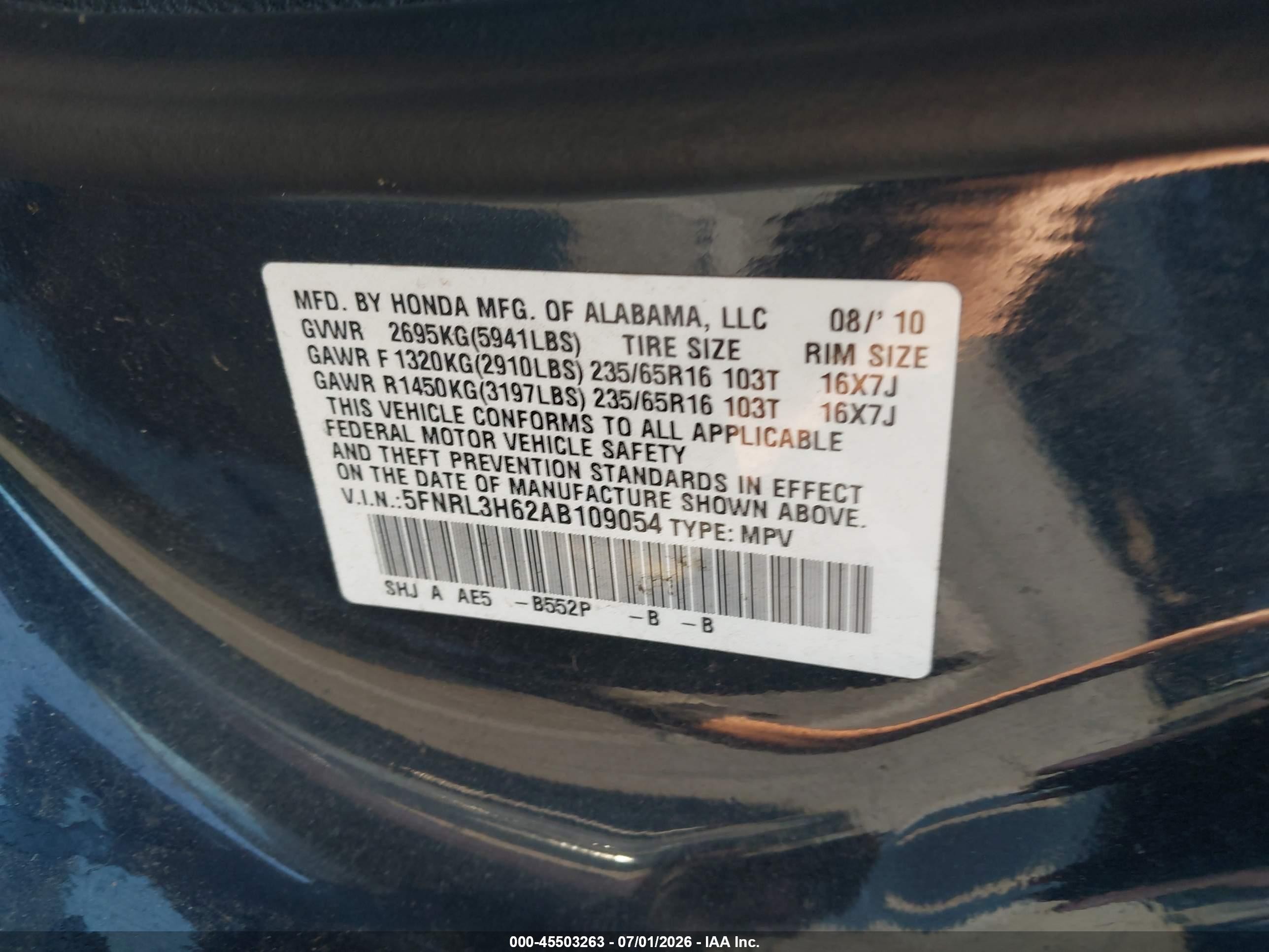 2010 Honda Odyssey Ex-l Black vin: 5FNRL3H62AB109054