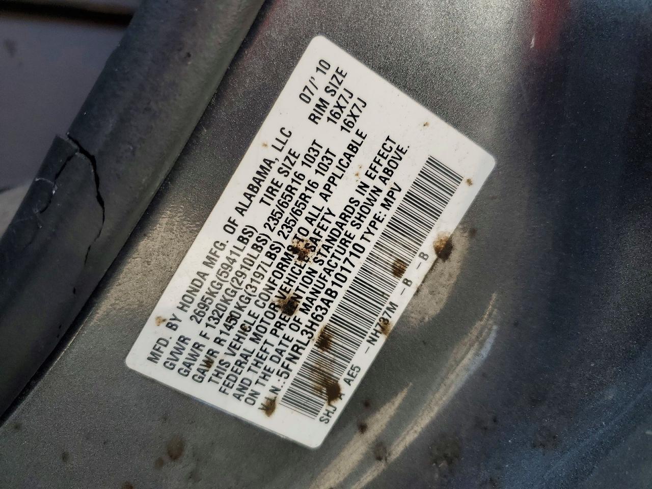 2010 Honda Odyssey Exl Gray vin: 5FNRL3H63AB101710