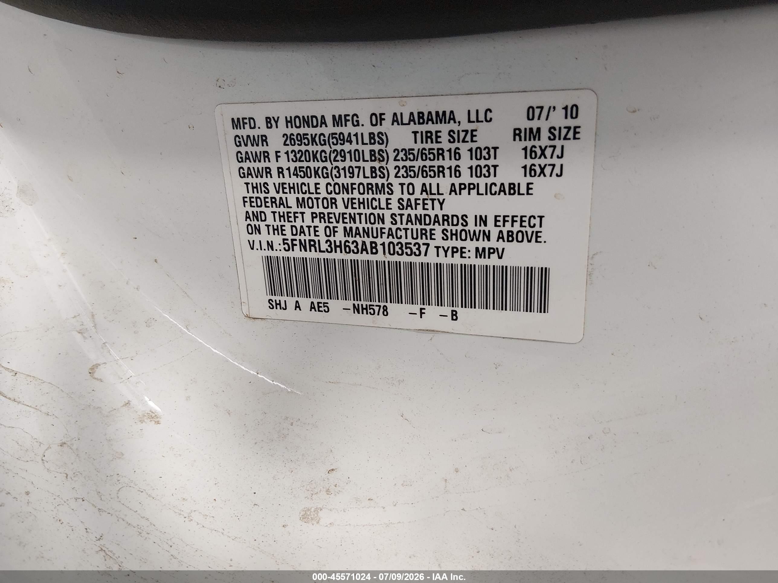 2010 Honda Odyssey Ex-l White vin: 5FNRL3H63AB103537