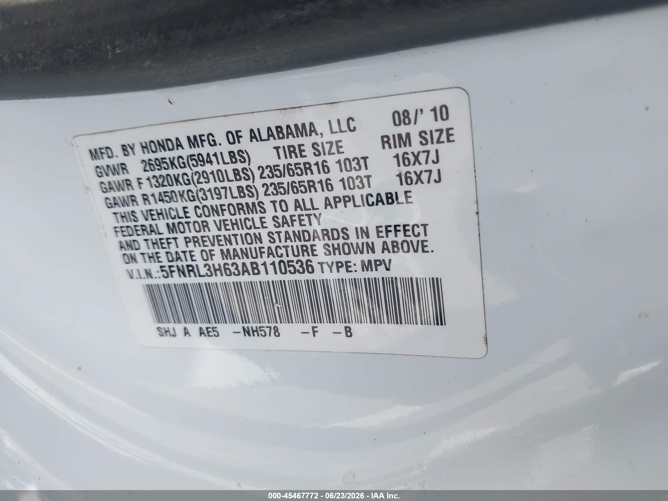 2010 Honda Odyssey Ex-l White vin: 5FNRL3H63AB110536