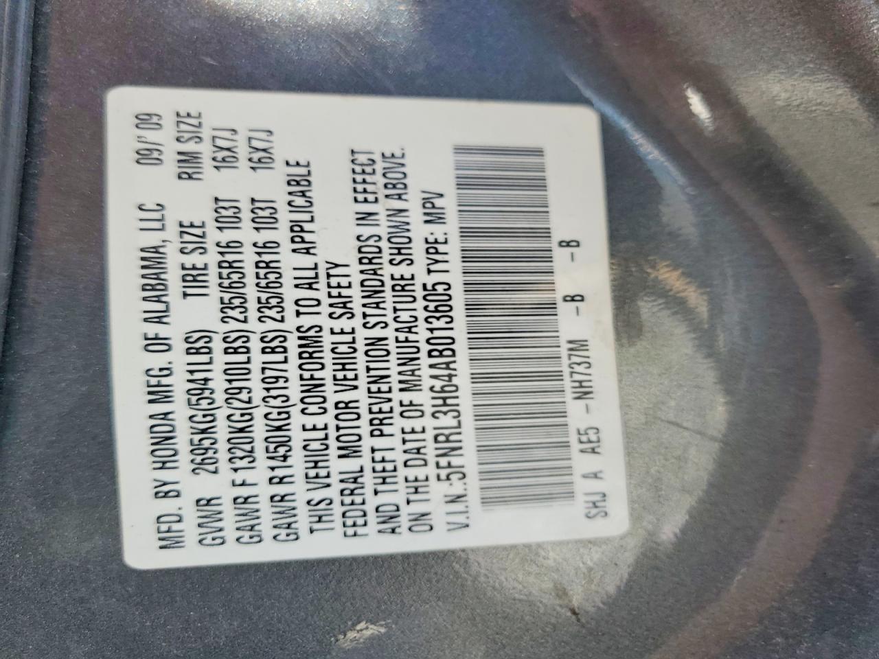 2010 Honda Odyssey Exl Gray vin: 5FNRL3H64AB013605
