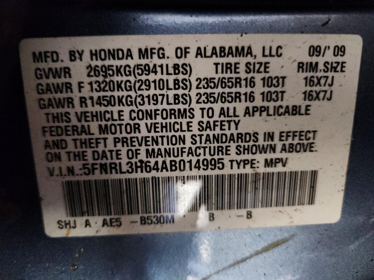 2010 Honda Odyssey Exl Blue vin: 5FNRL3H64AB014995