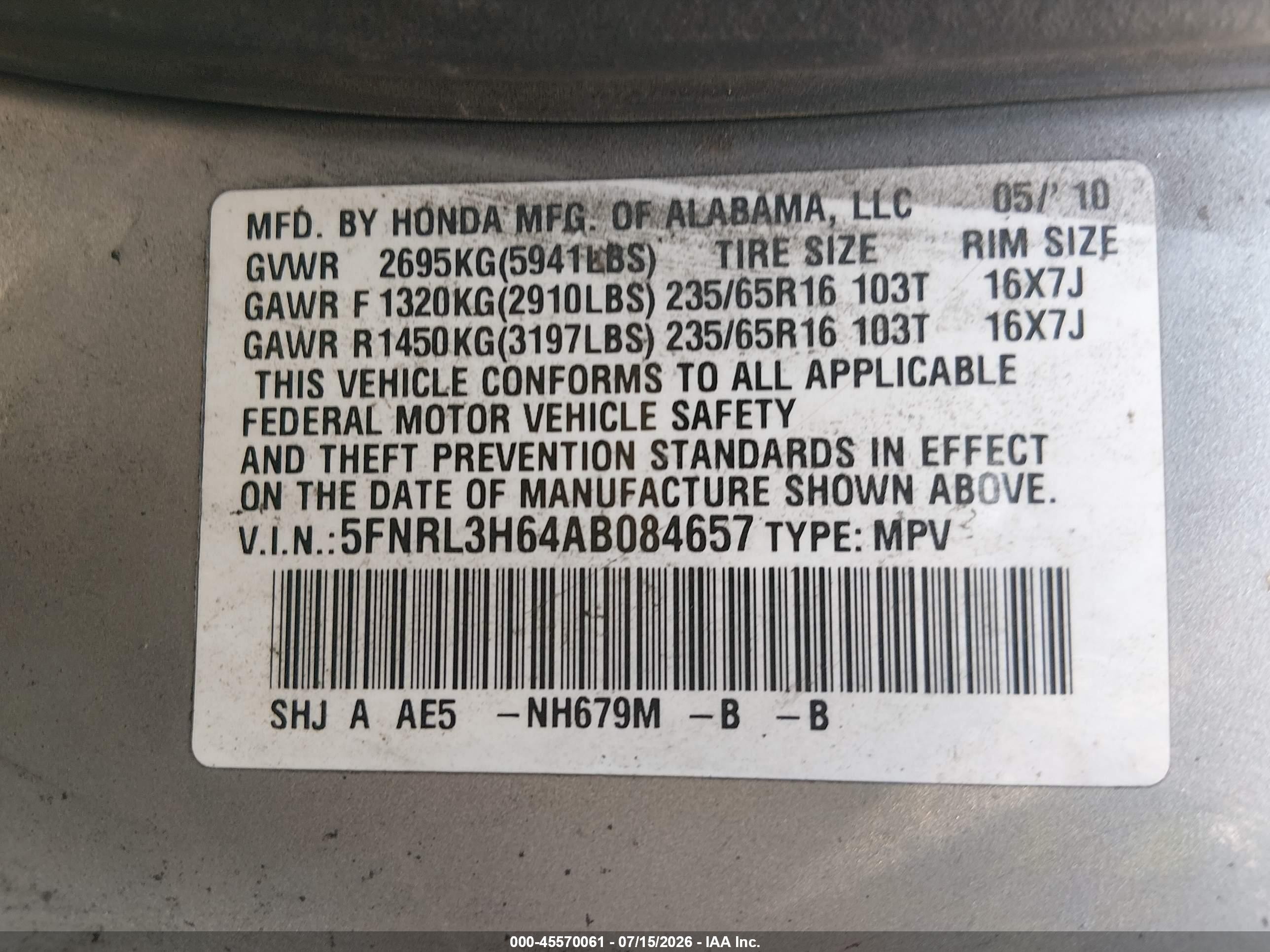 2010 Honda Odyssey Ex-l Light Blue vin: 5FNRL3H64AB084657