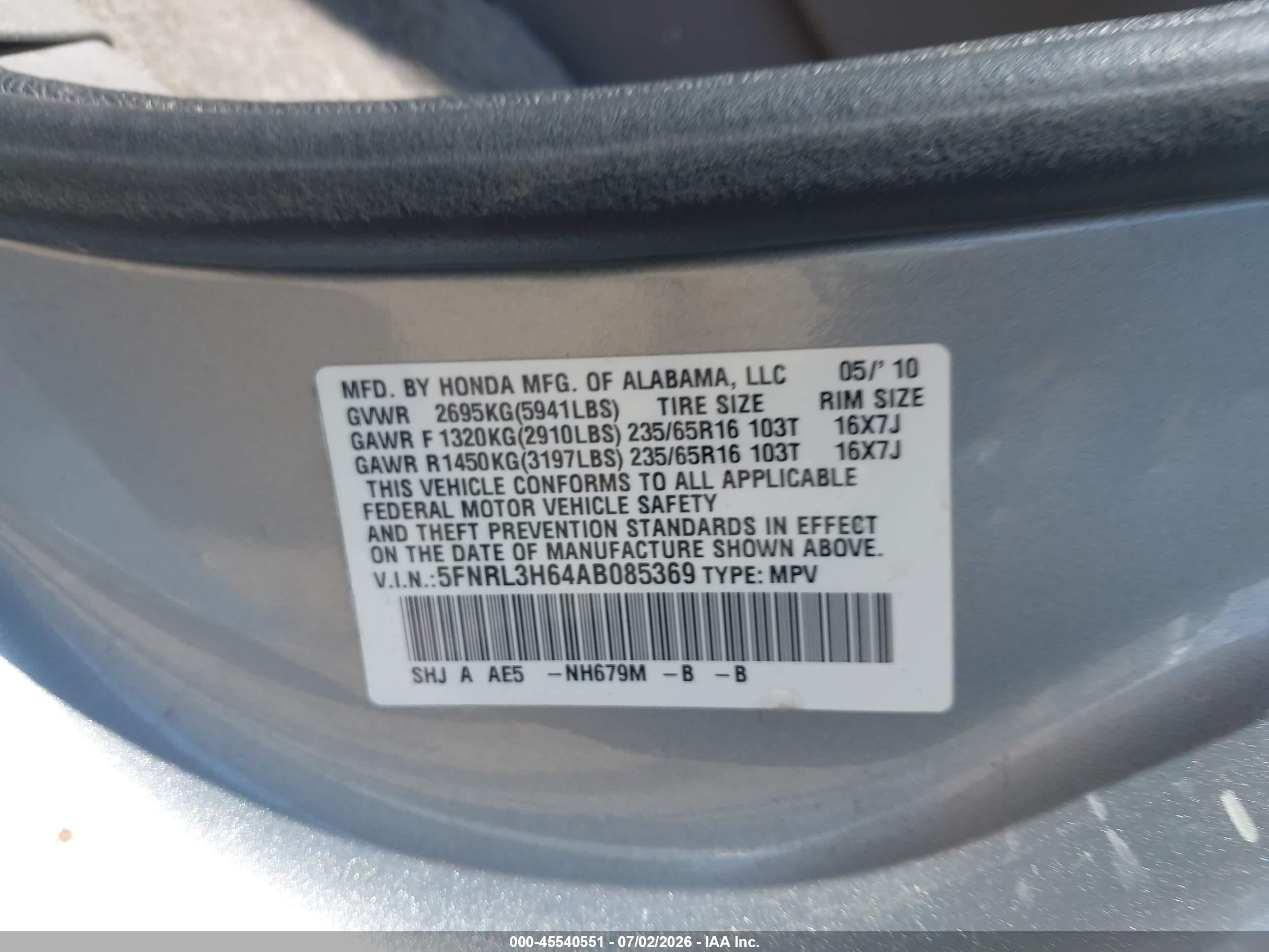 2010 Honda Odyssey Ex-l Light Blue vin: 5FNRL3H64AB085369