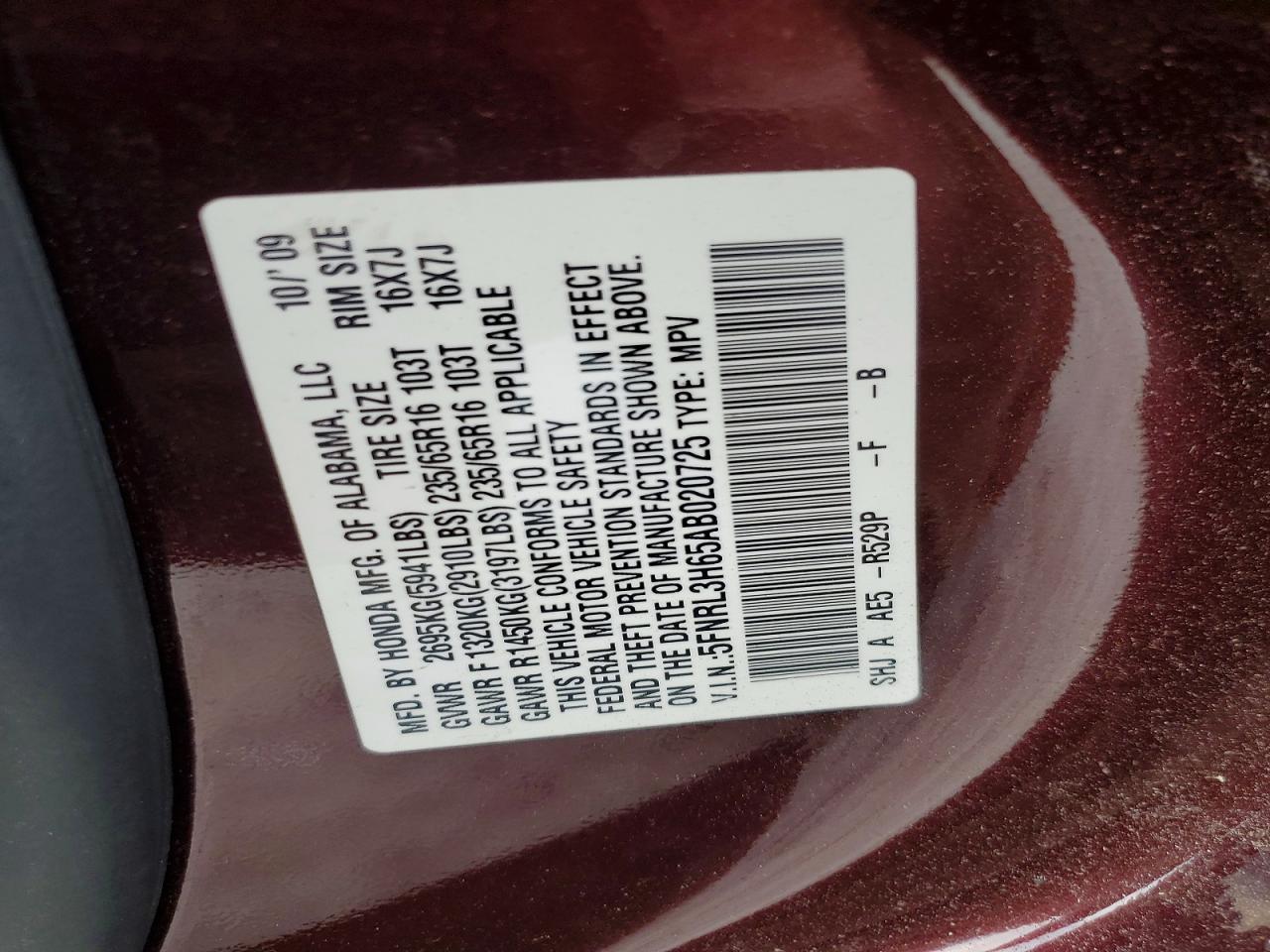 2010 Honda Odyssey Exl Burgundy vin: 5FNRL3H65AB020725