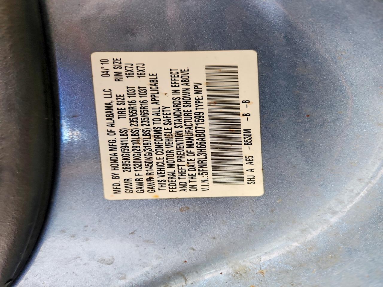2010 Honda Odyssey Exl Blue vin: 5FNRL3H66AB071599
