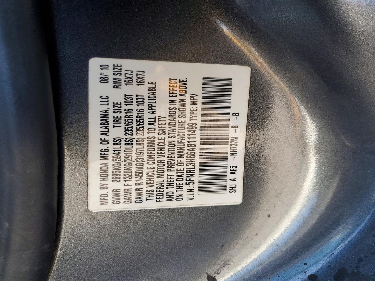 2010 Honda Odyssey Exl Gray vin: 5FNRL3H66AB111499