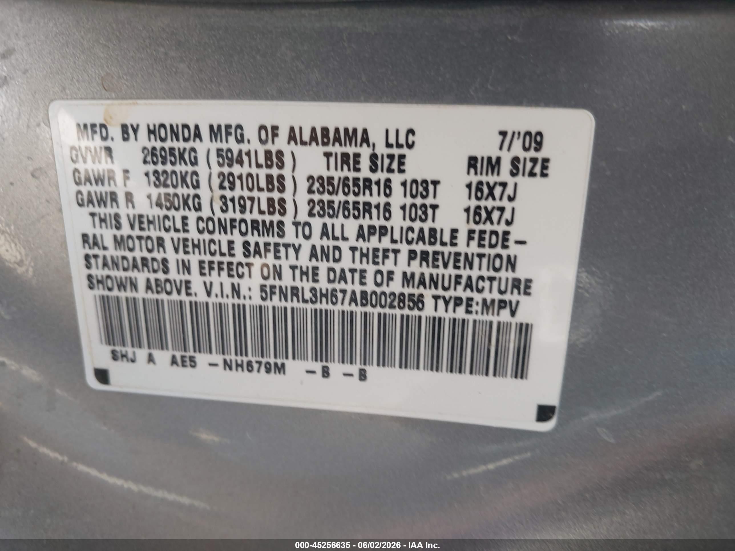 2010 Honda Odyssey Ex-l Серый vin: 5FNRL3H67AB002856