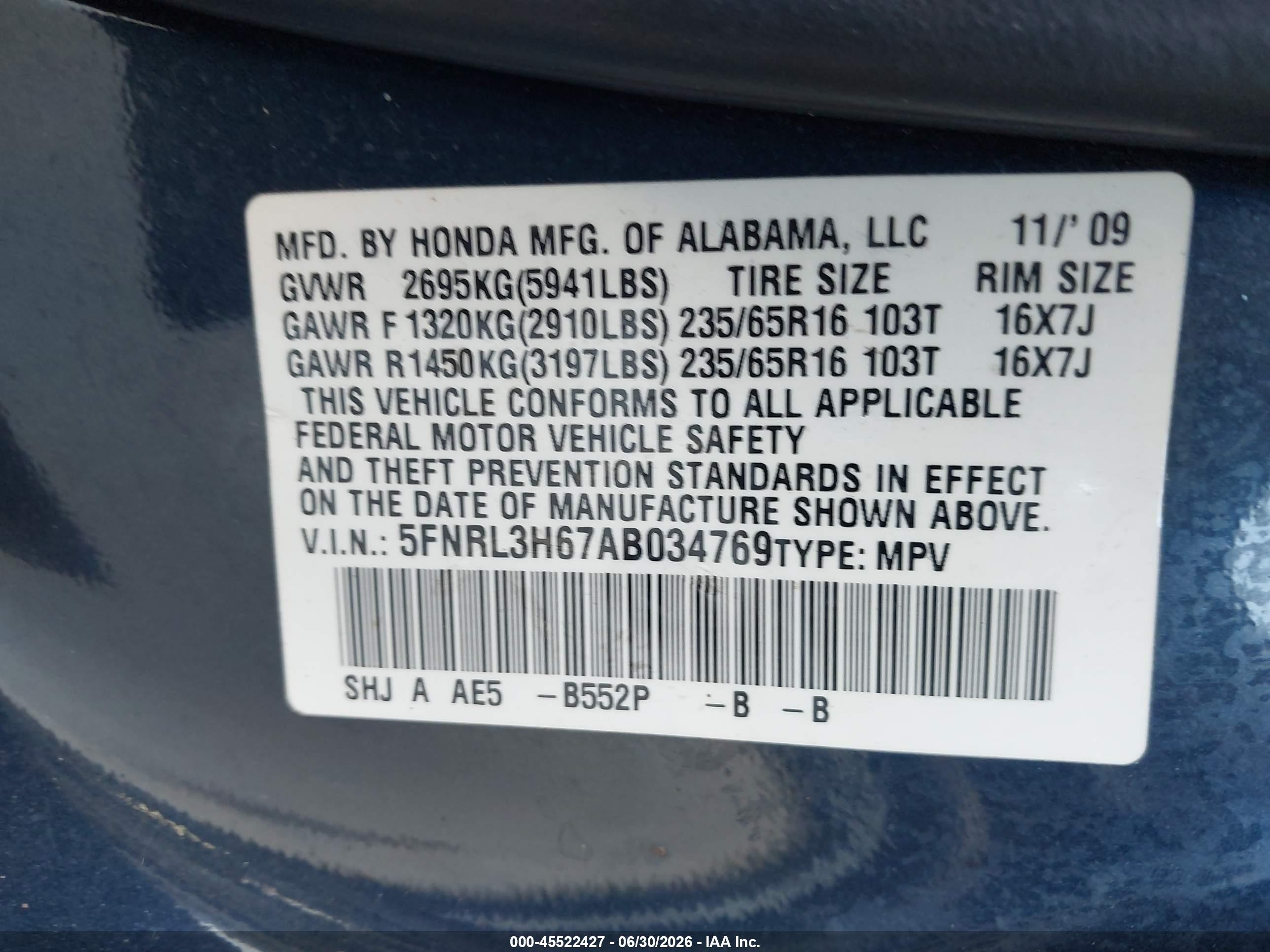 2010 Honda Odyssey Ex-l Blue vin: 5FNRL3H67AB034769
