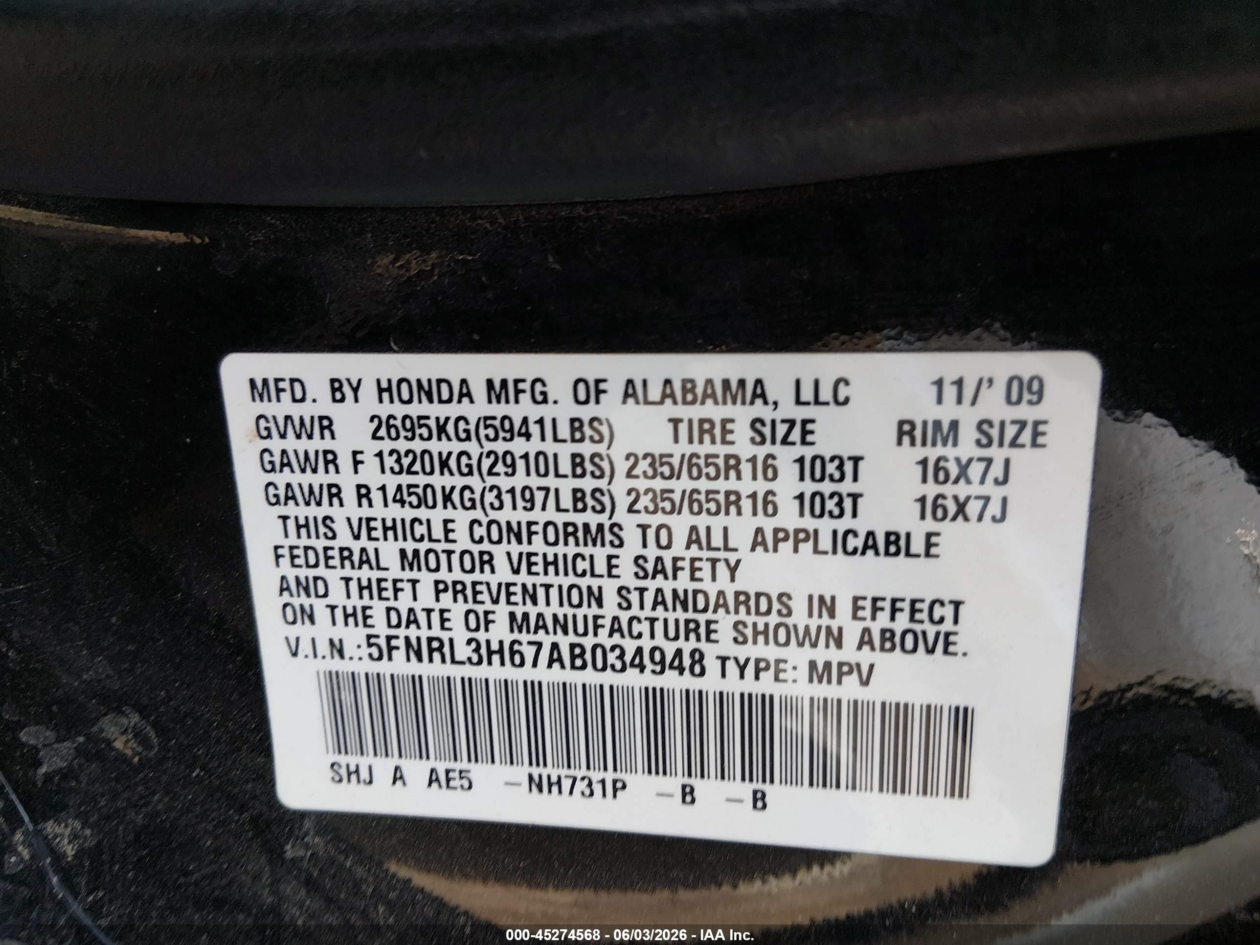 2010 Honda Odyssey Ex-l Black vin: 5FNRL3H67AB034948