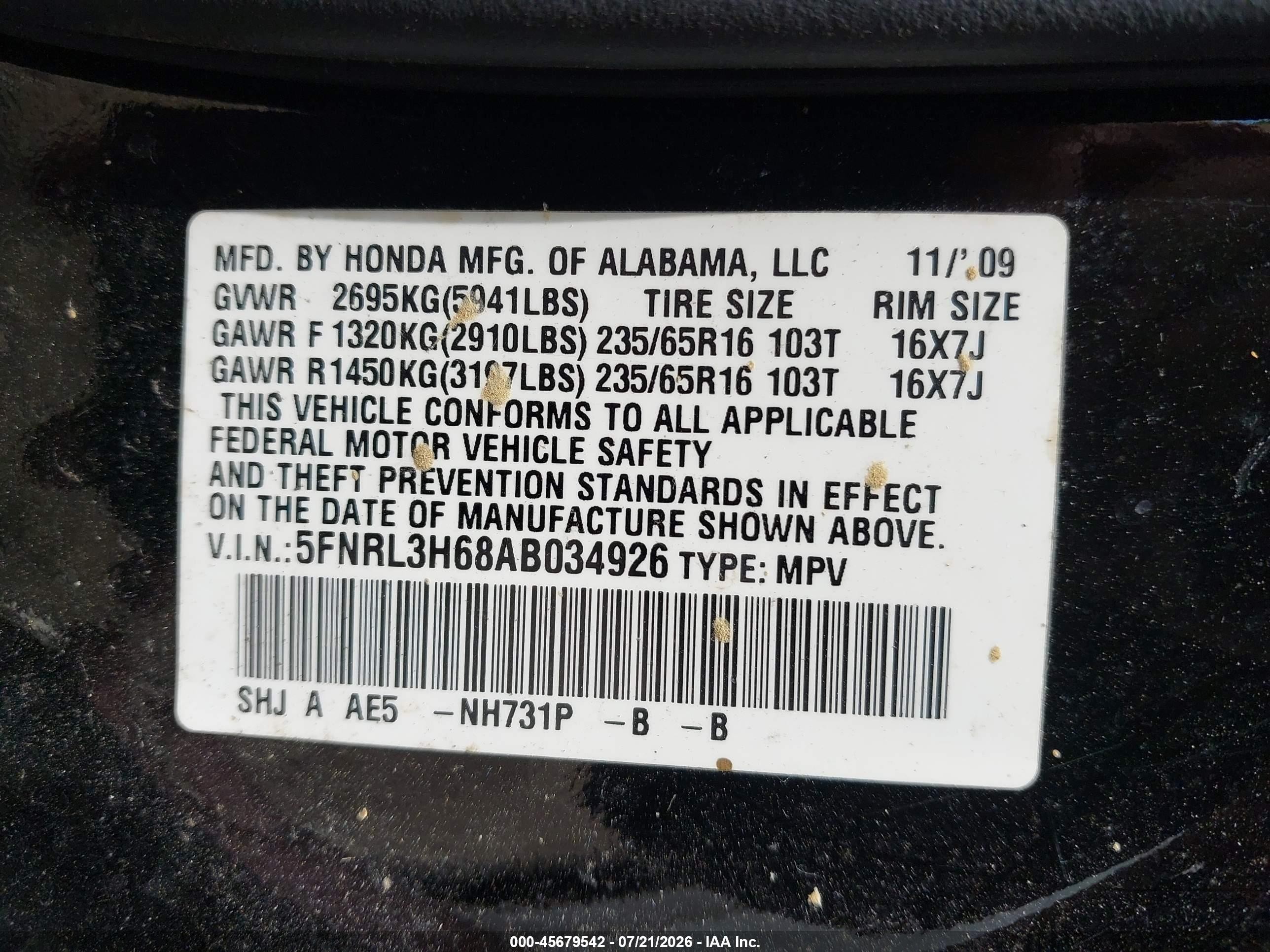2010 Honda Odyssey Ex-l Black vin: 5FNRL3H68AB034926