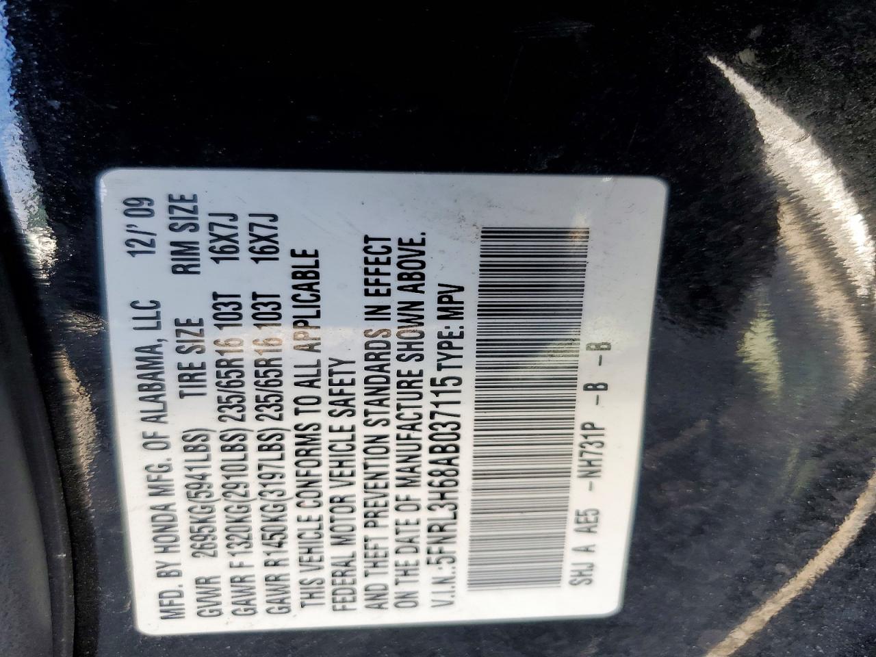 2010 Honda Odyssey Exl Black vin: 5FNRL3H68AB037115