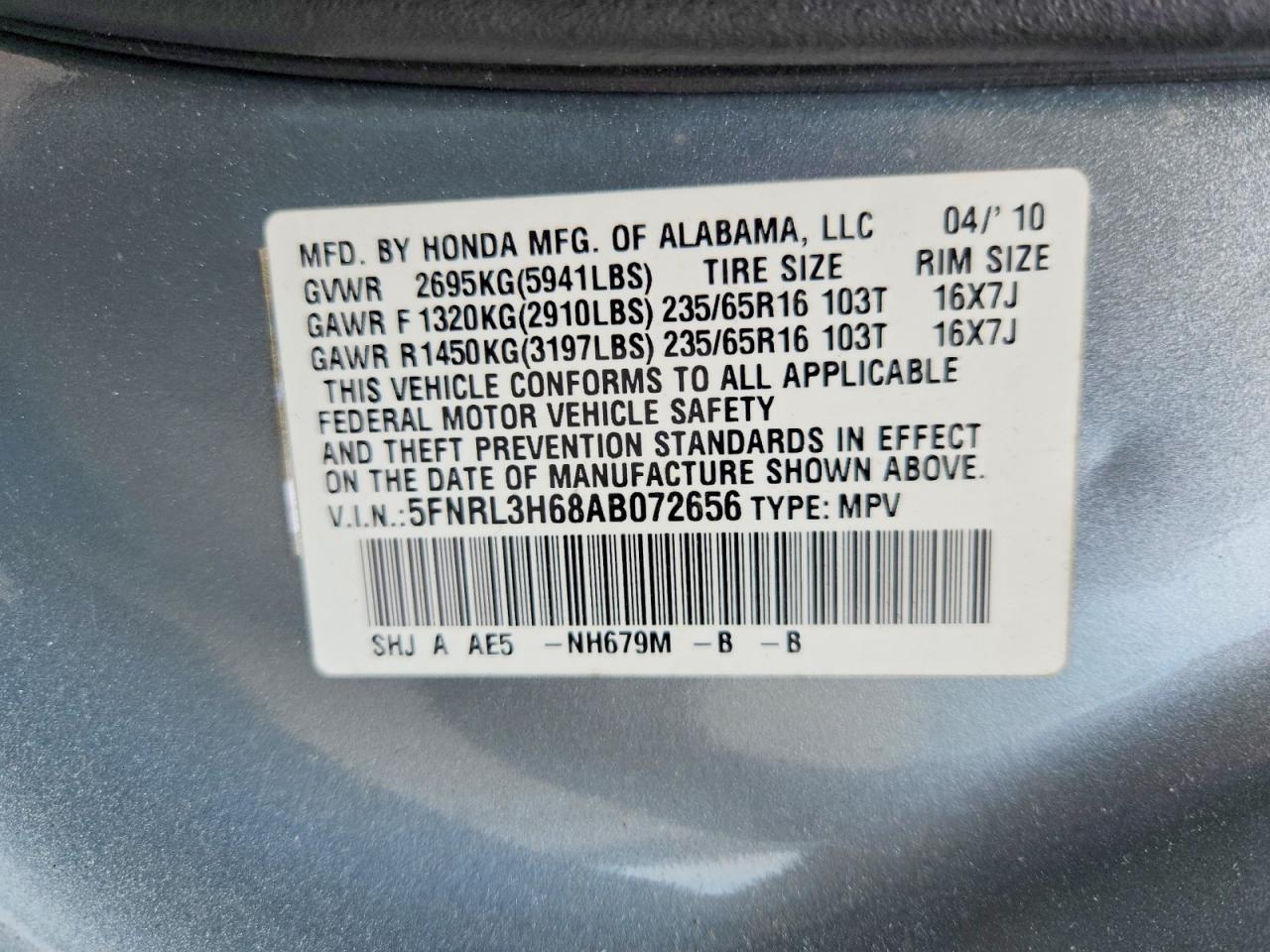 2010 Honda Odyssey Exl Silver vin: 5FNRL3H68AB072656