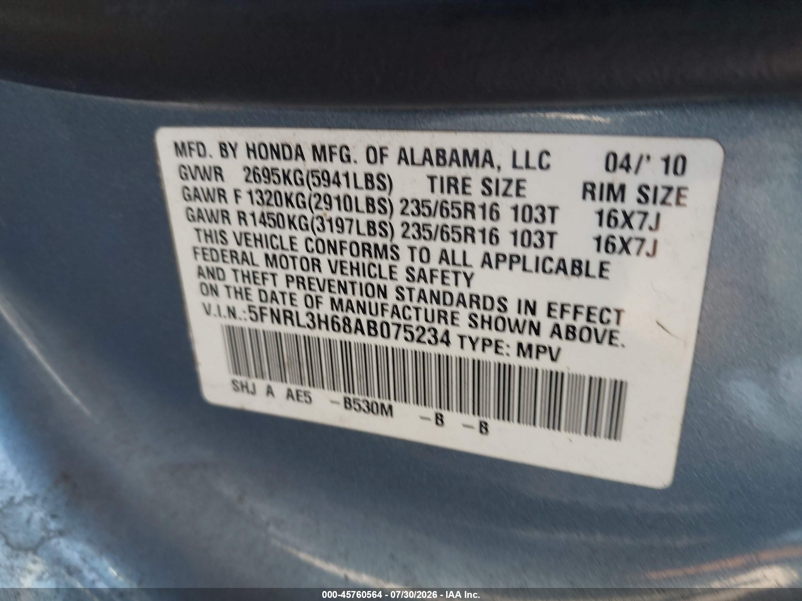 2010 Honda Odyssey Ex-l Blue vin: 5FNRL3H68AB075234
