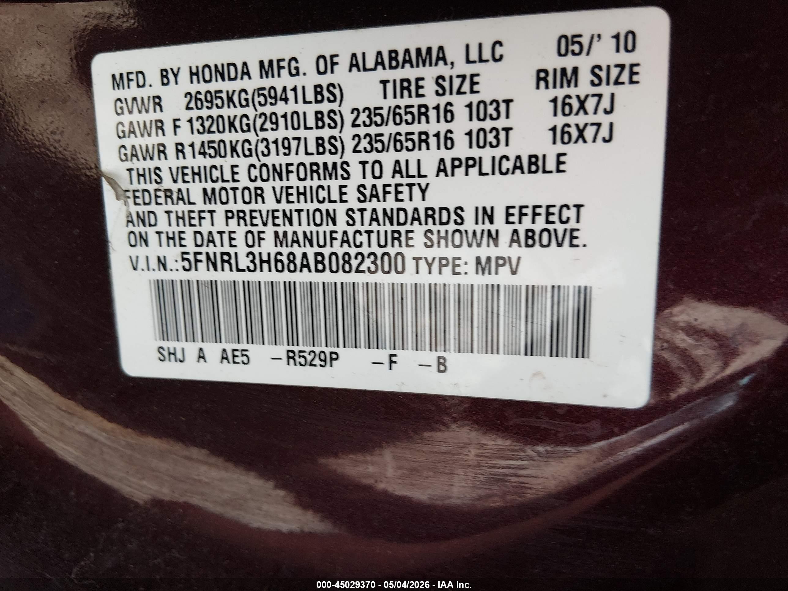 2010 Honda Odyssey Ex-l Burgundy vin: 5FNRL3H68AB082300