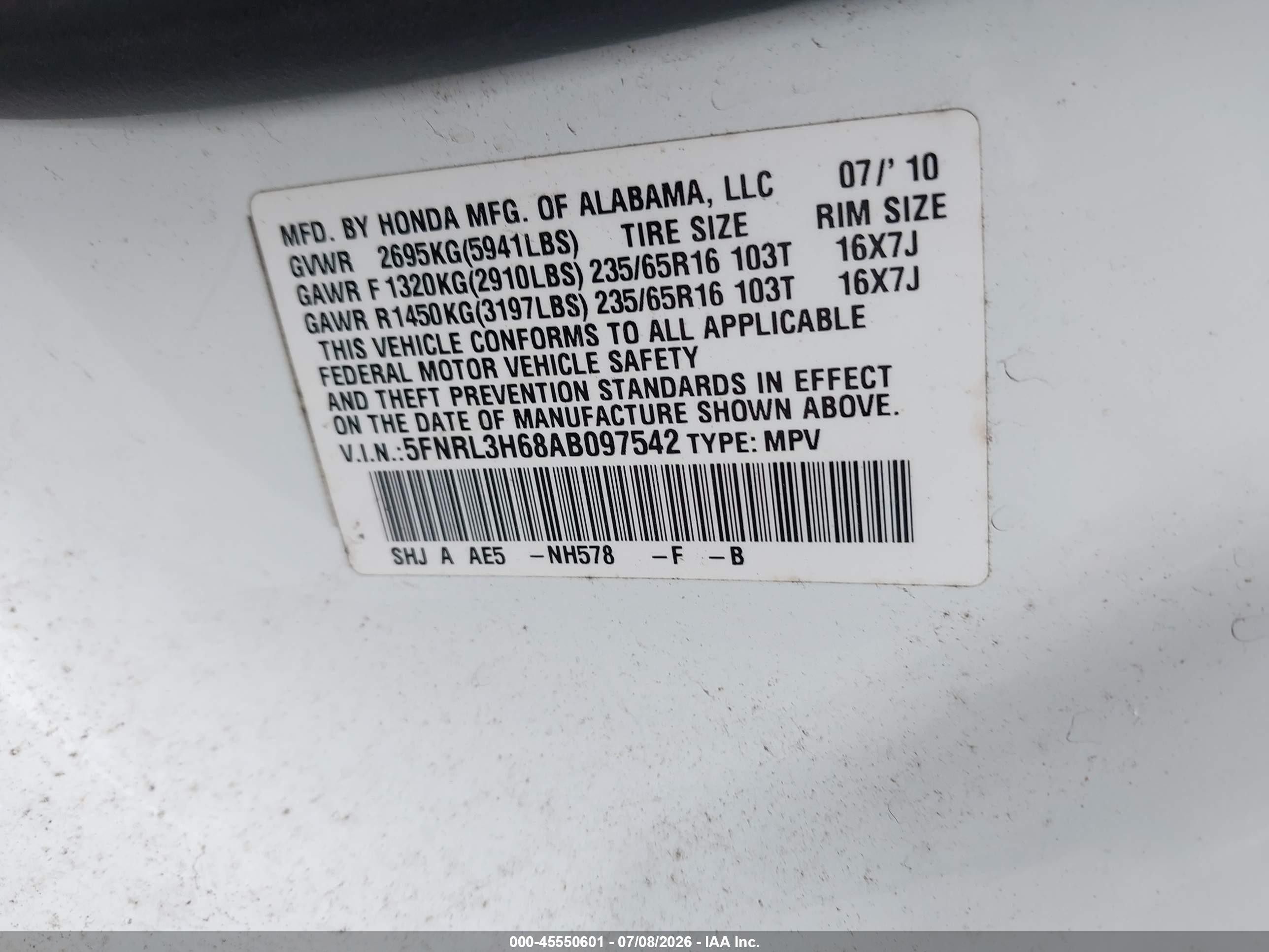 2010 Honda Odyssey Ex-l Белый vin: 5FNRL3H68AB097542