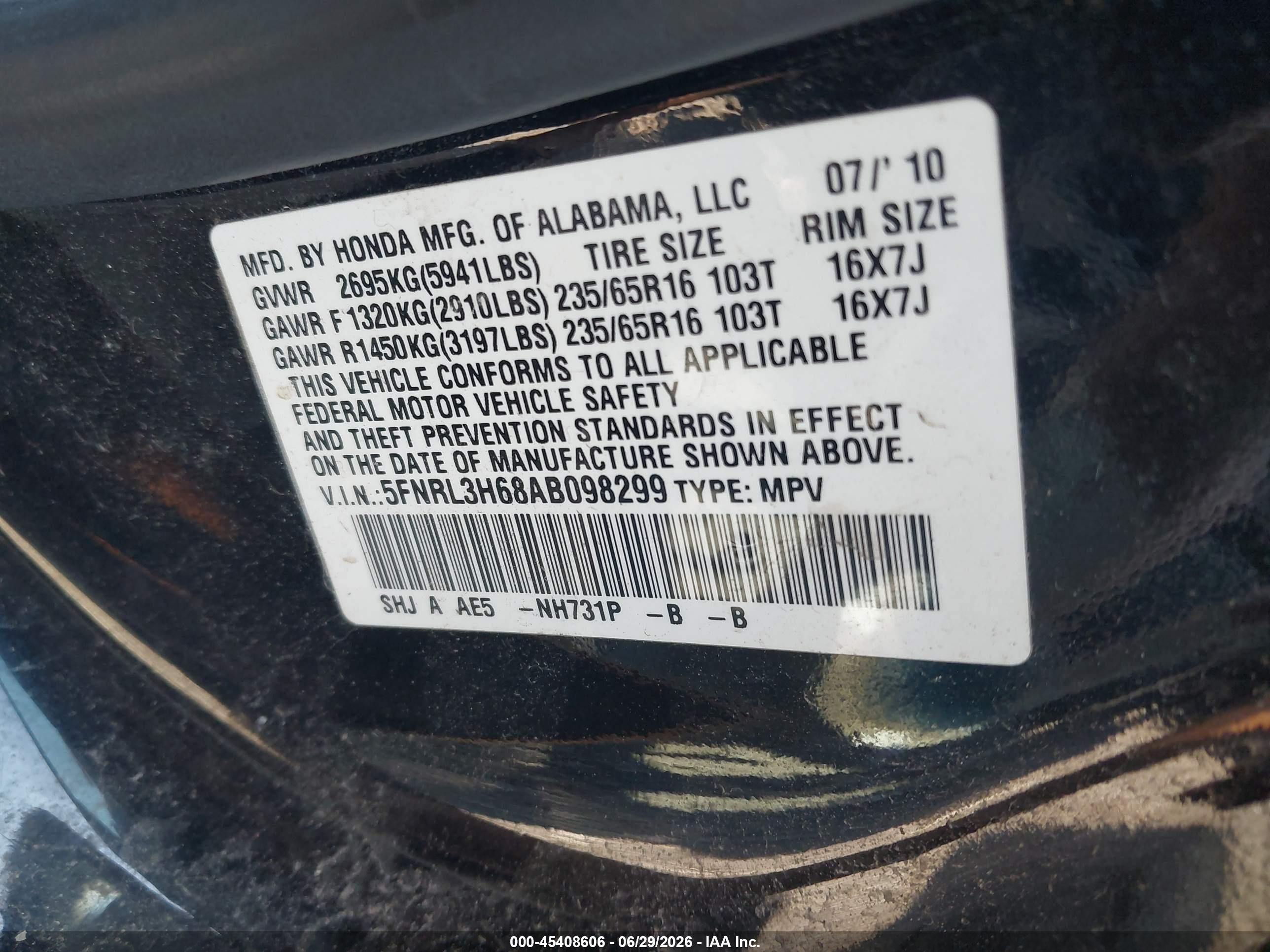 2010 Honda Odyssey Ex-l Black vin: 5FNRL3H68AB098299