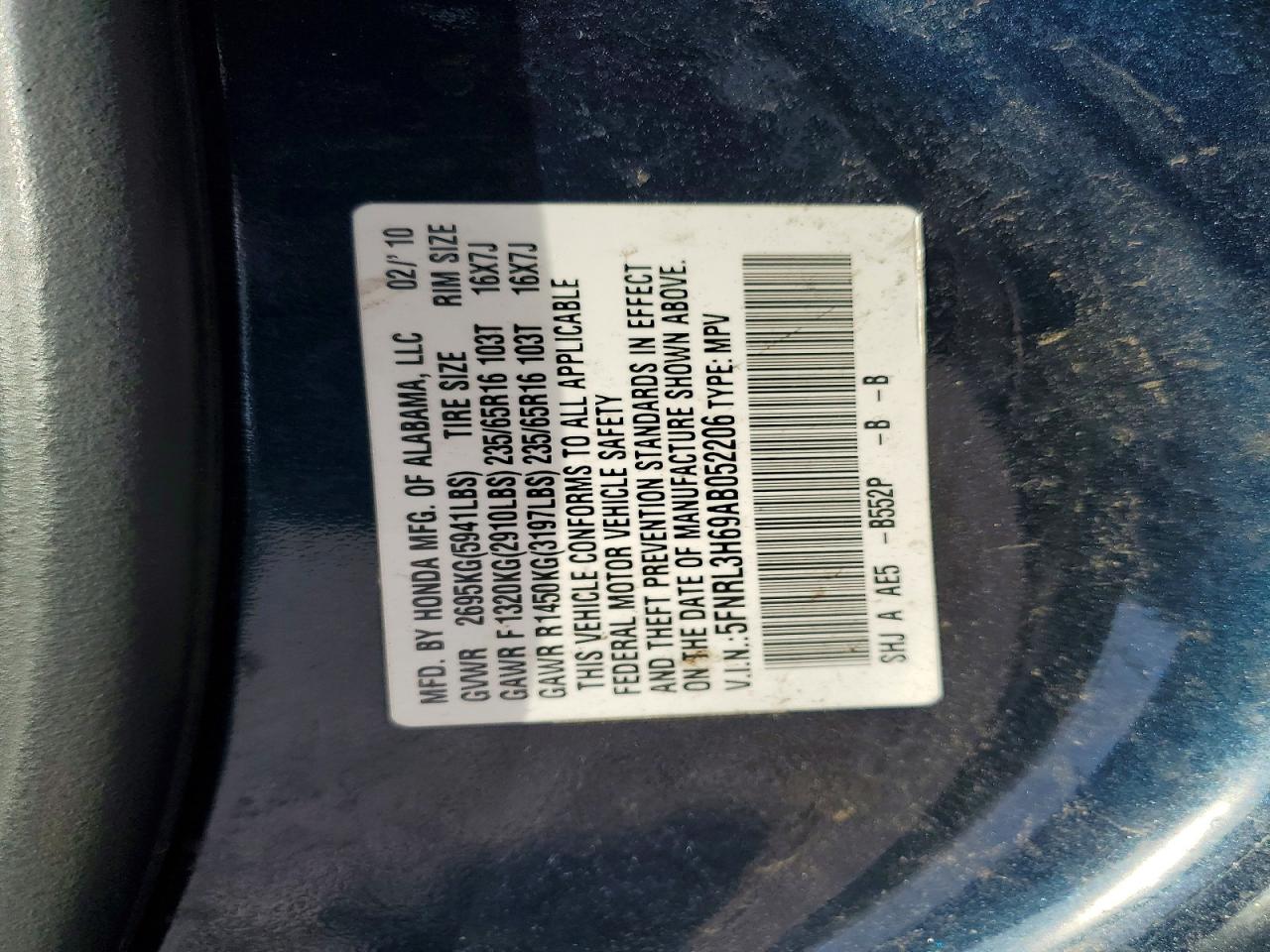 2010 Honda Odyssey Exl Blue vin: 5FNRL3H69AB052206