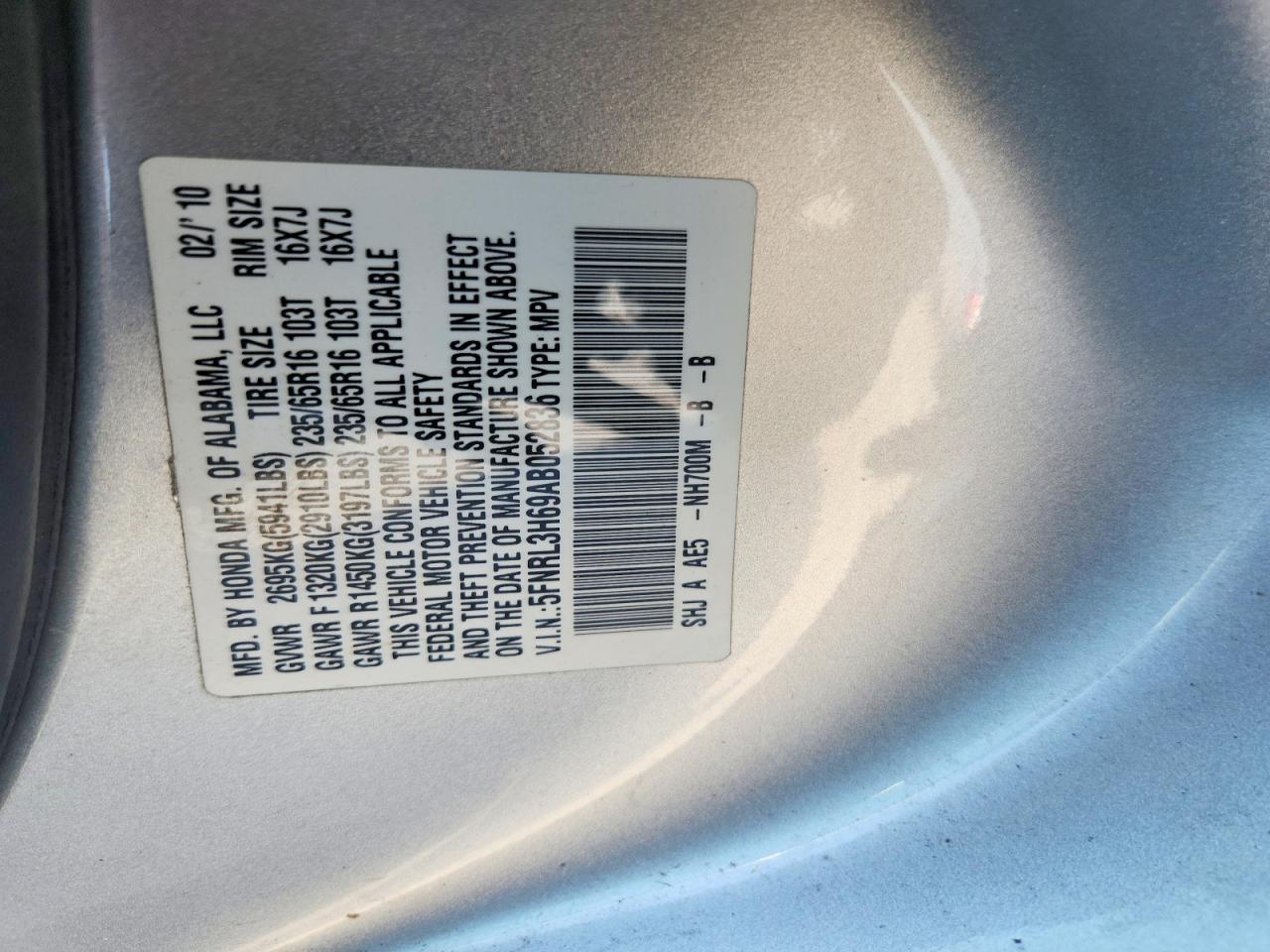 2010 Honda Odyssey Exl Silver vin: 5FNRL3H69AB052836