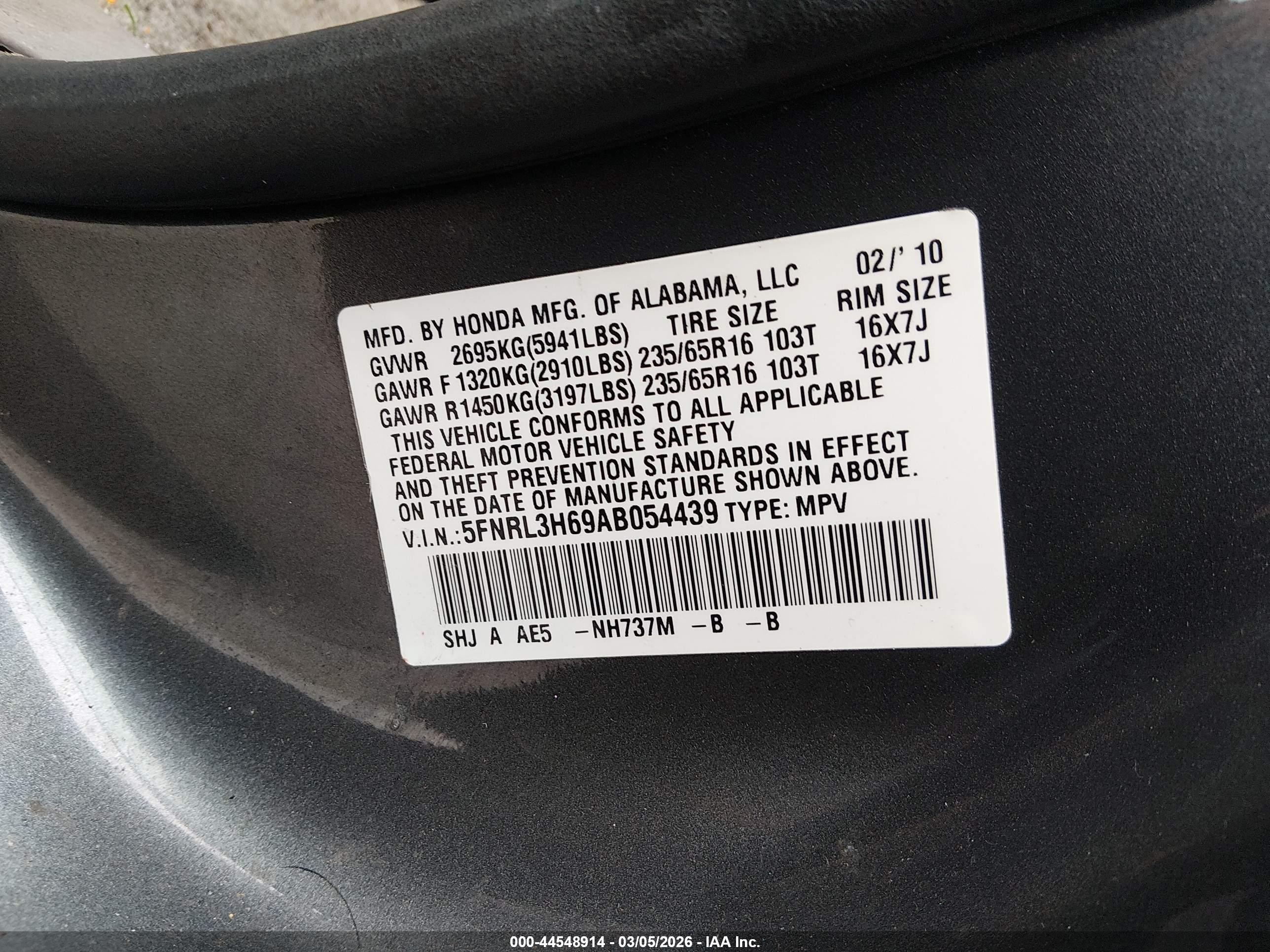2010 Honda Odyssey Ex-l Gray vin: 5FNRL3H69AB054439