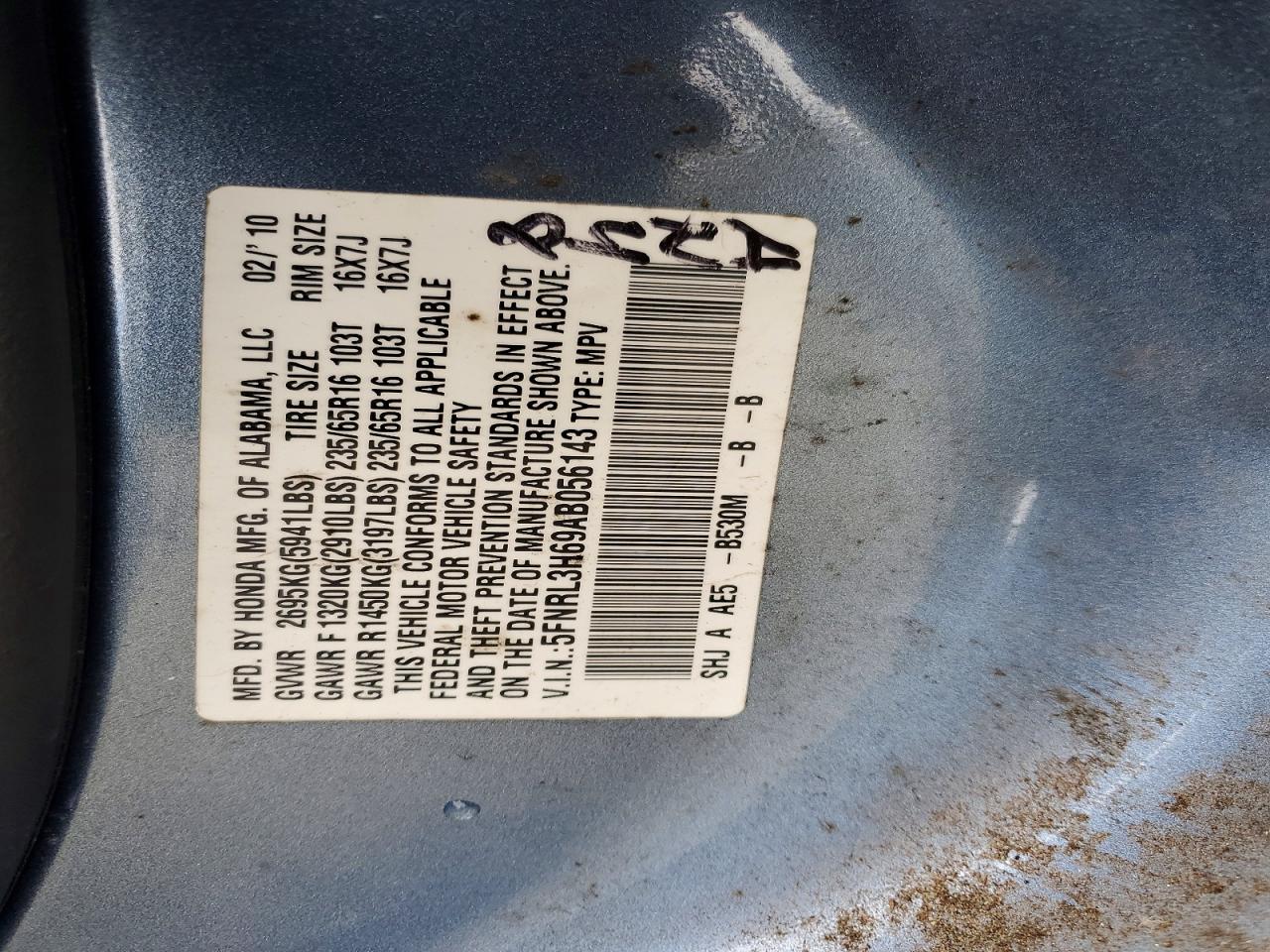 2010 Honda Odyssey Exl Blue vin: 5FNRL3H69AB056143