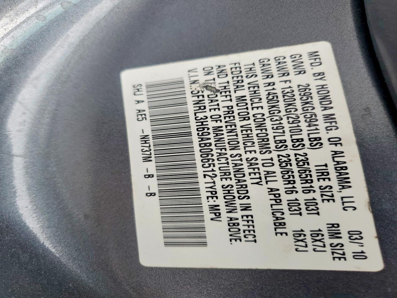2010 Honda Odyssey Exl Gray vin: 5FNRL3H69AB066512
