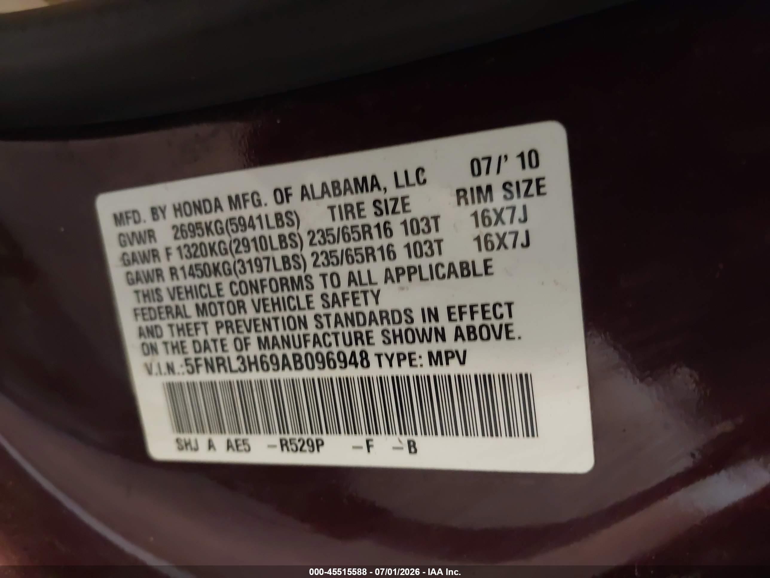 2010 Honda Odyssey Ex-l Burgundy vin: 5FNRL3H69AB096948